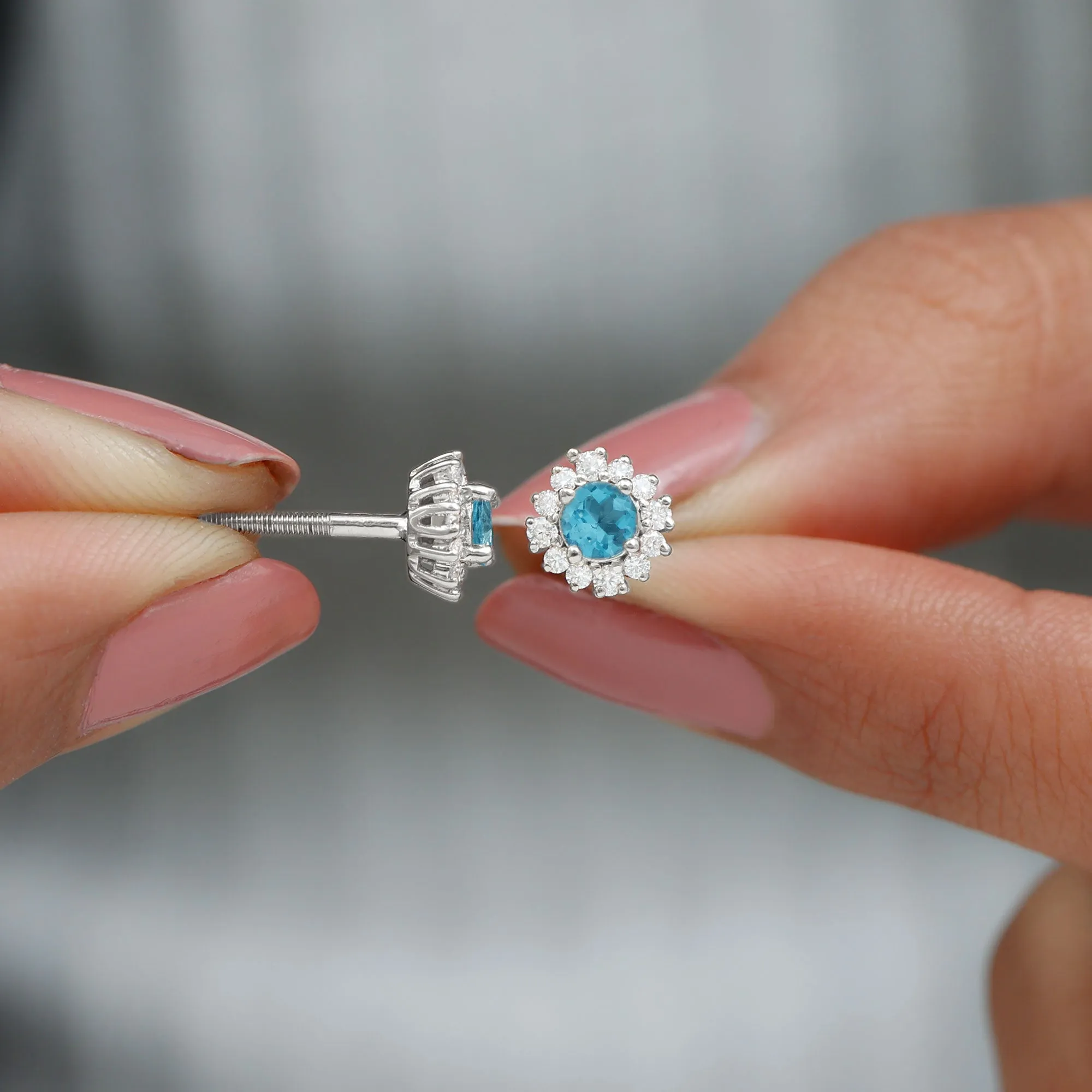 1 CT Aquamarine and Diamond Halo Stud Earrings