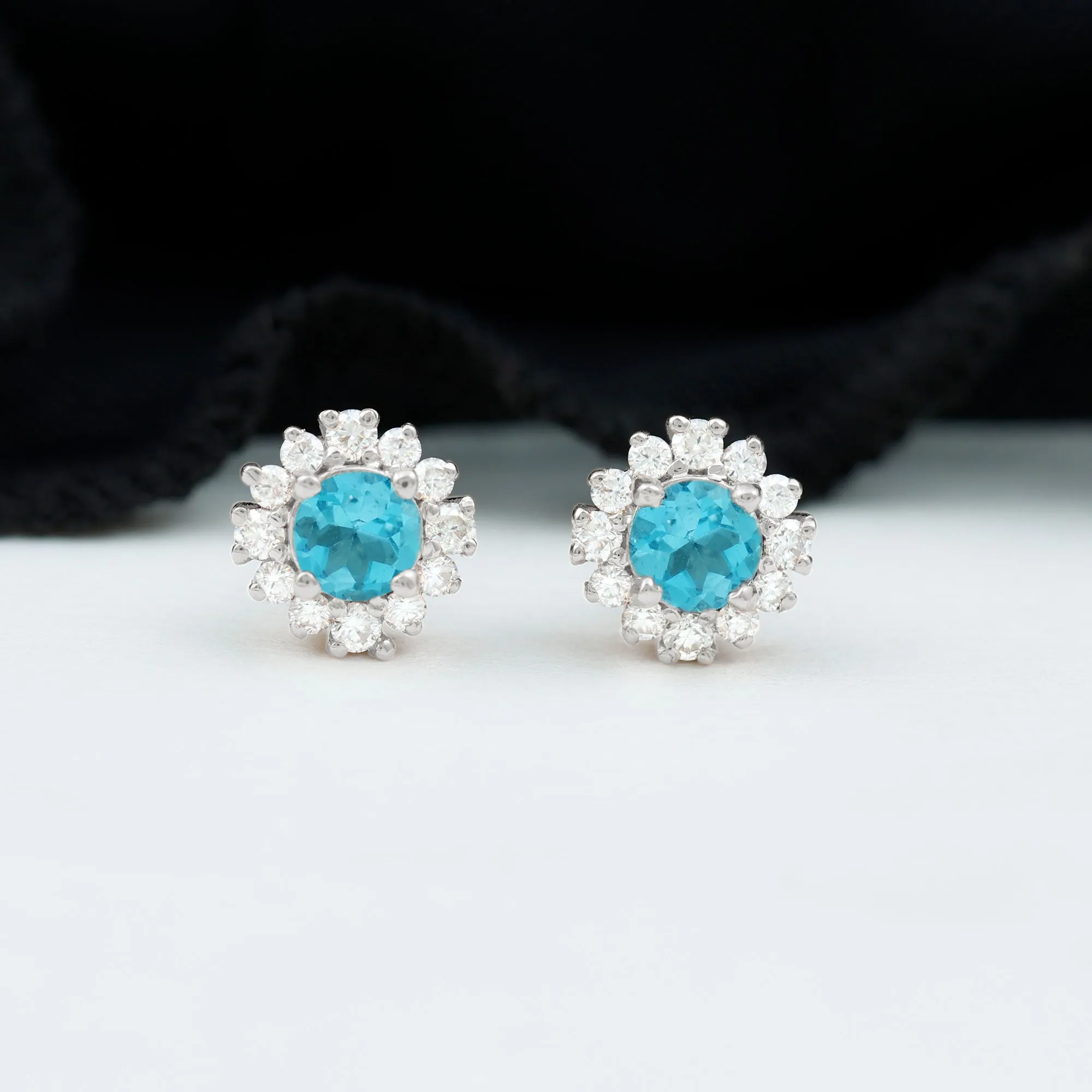 1 CT Aquamarine and Diamond Halo Stud Earrings