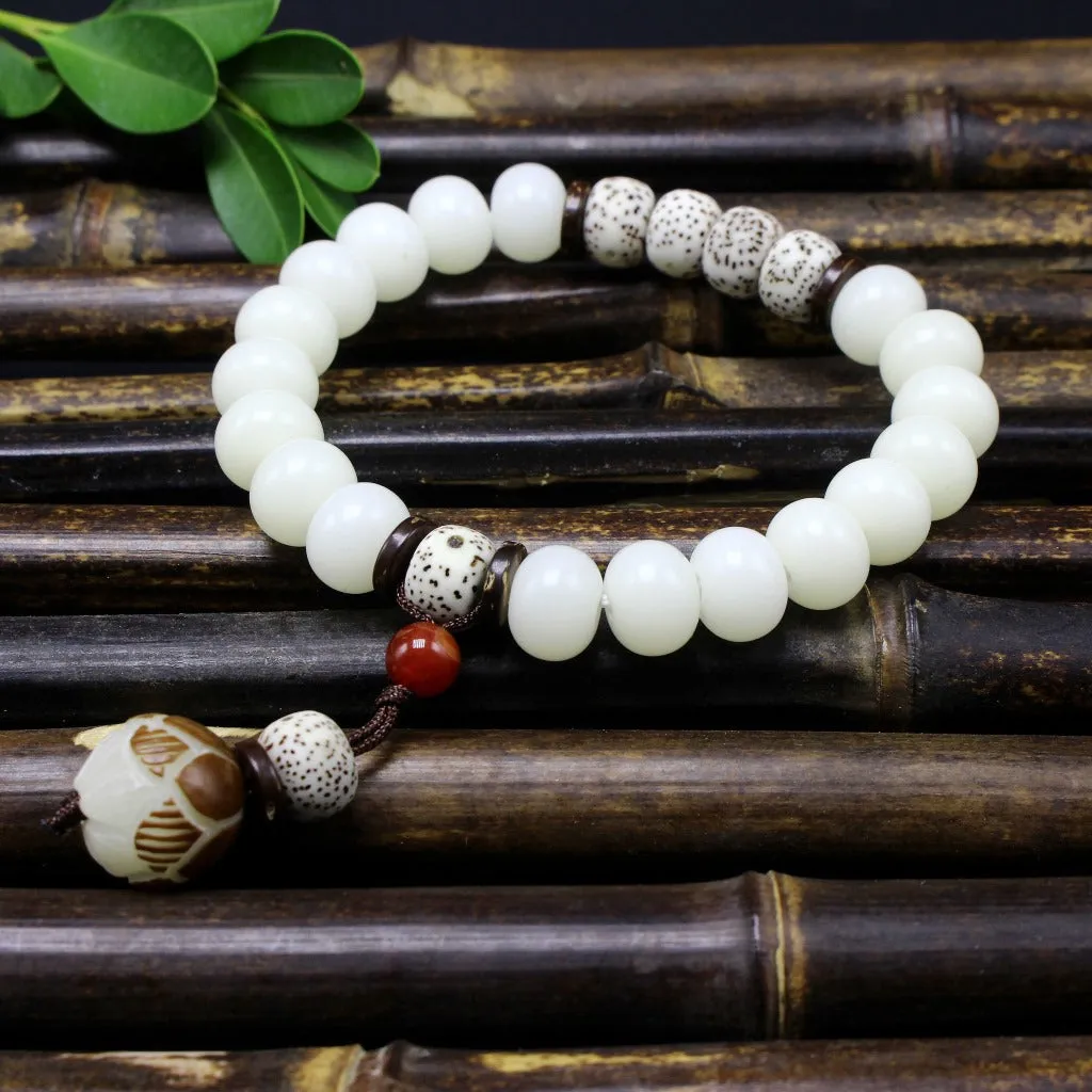 108 White Jade Bodhi Root Bracelets With Lotus Beads