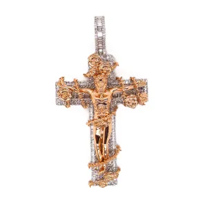 10K White & Rose Gold Crucifix Diamond Cross Pendant 0.70 CT 1.93"