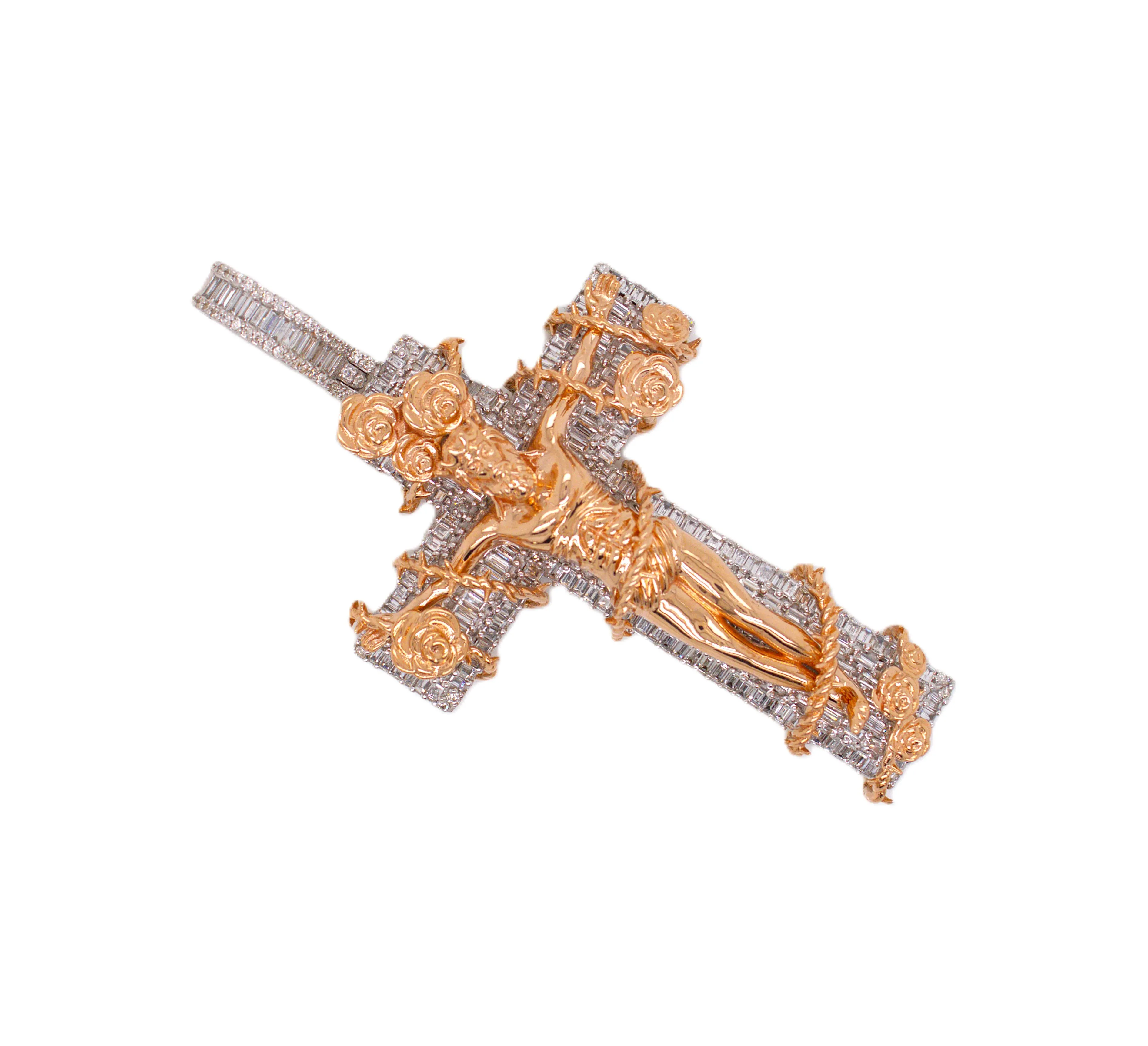 10K White & Rose Gold Crucifix Diamond Cross Pendant 0.70 CT 1.93"