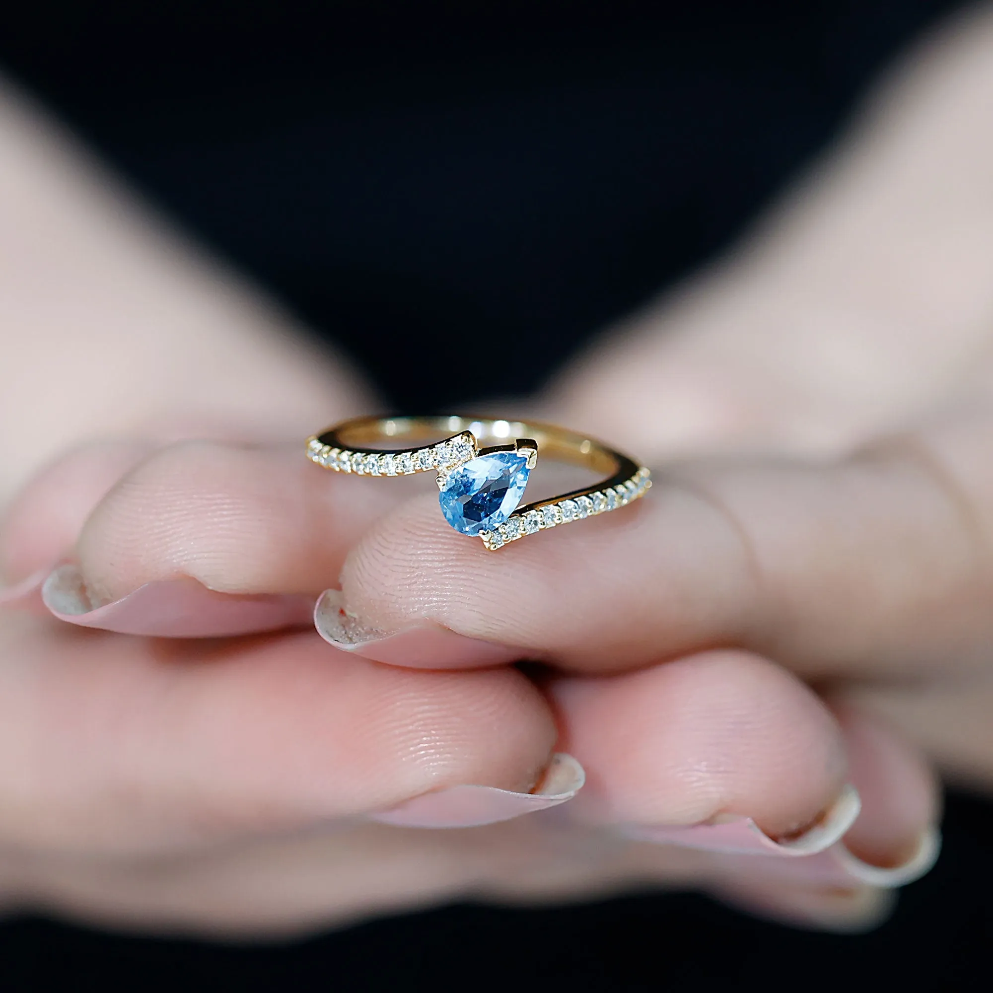 1/4 Carat Pear Aquamarine Bypass Promise Ring with Diamond