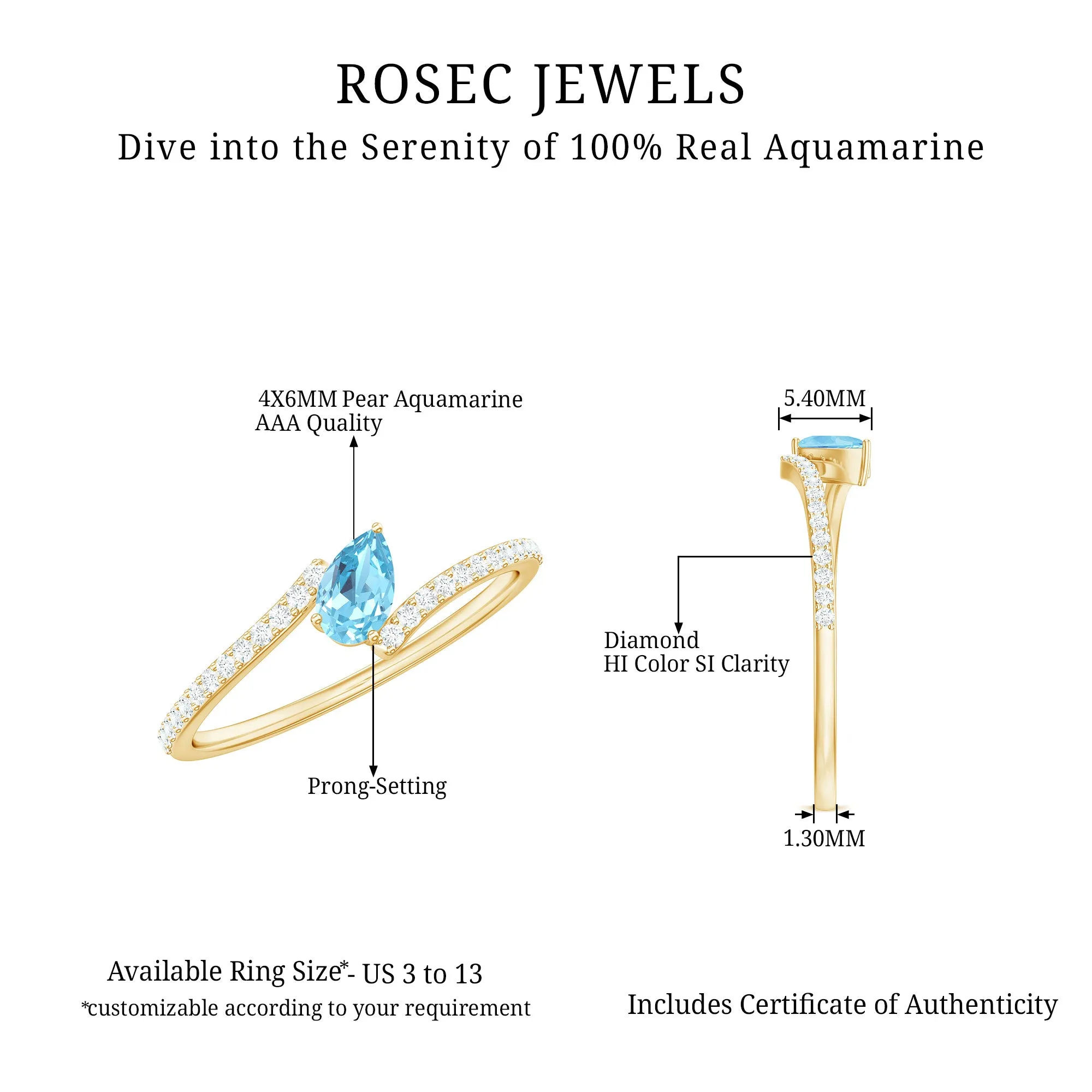 1/4 Carat Pear Aquamarine Bypass Promise Ring with Diamond