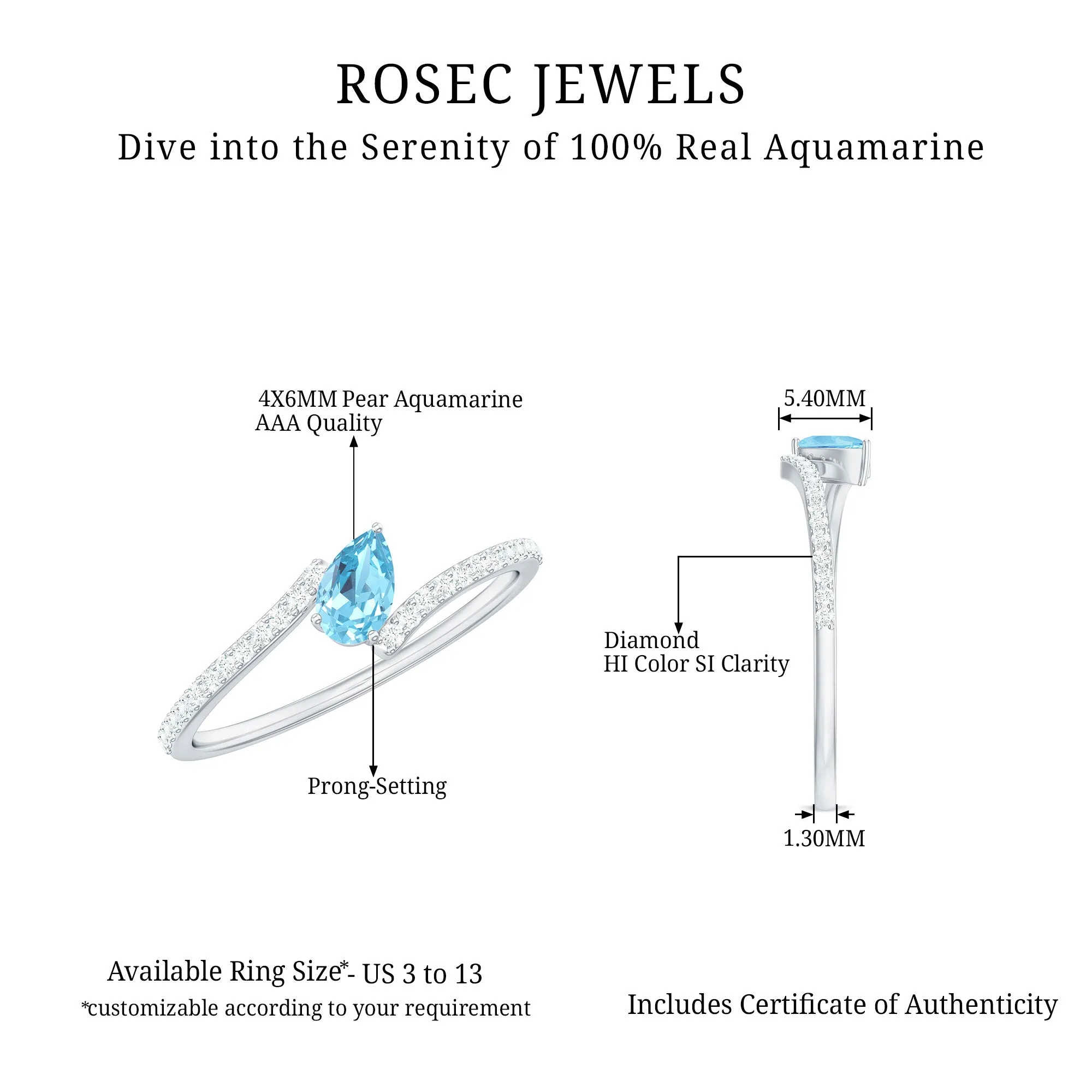 1/4 Carat Pear Aquamarine Bypass Promise Ring with Diamond