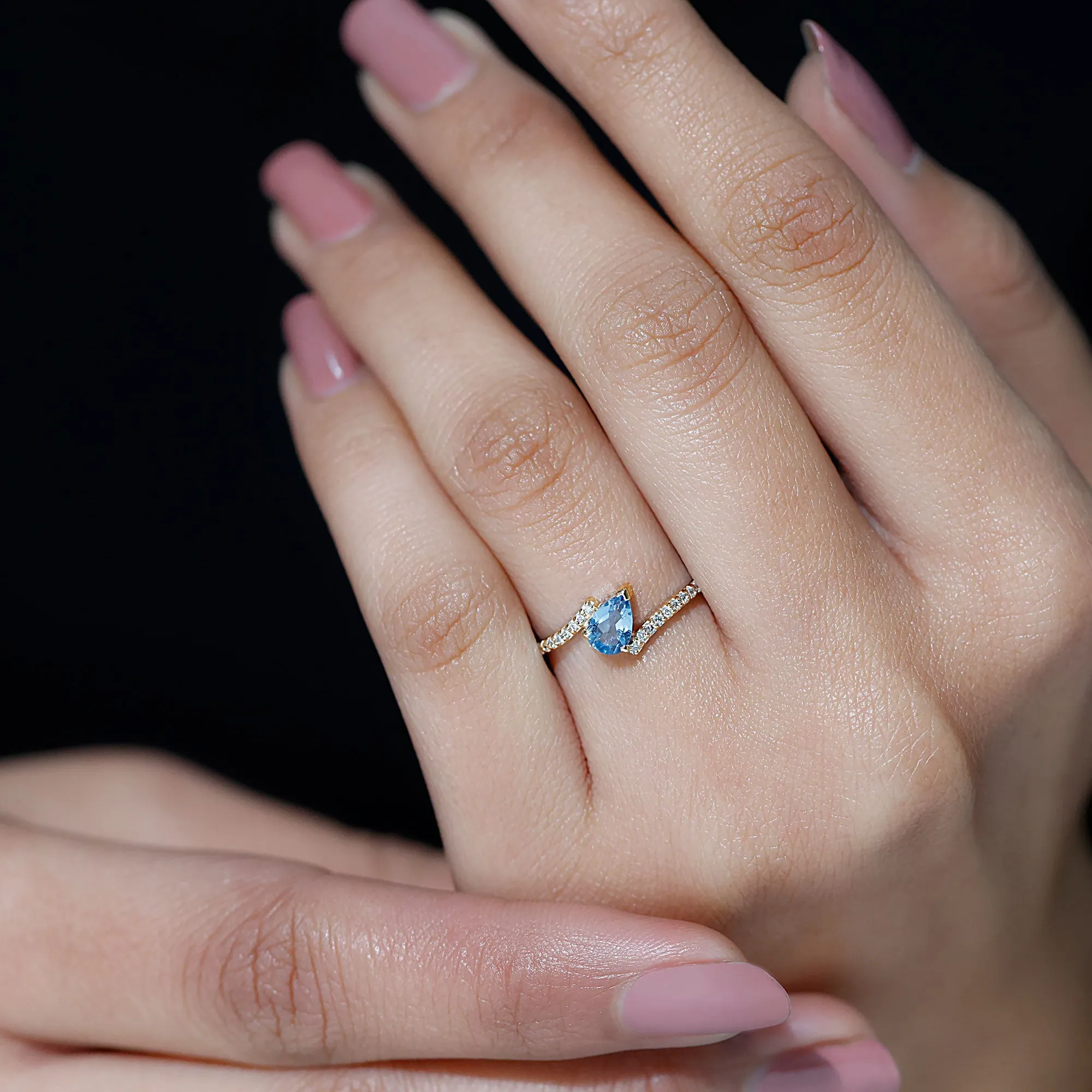 1/4 Carat Pear Aquamarine Bypass Promise Ring with Diamond