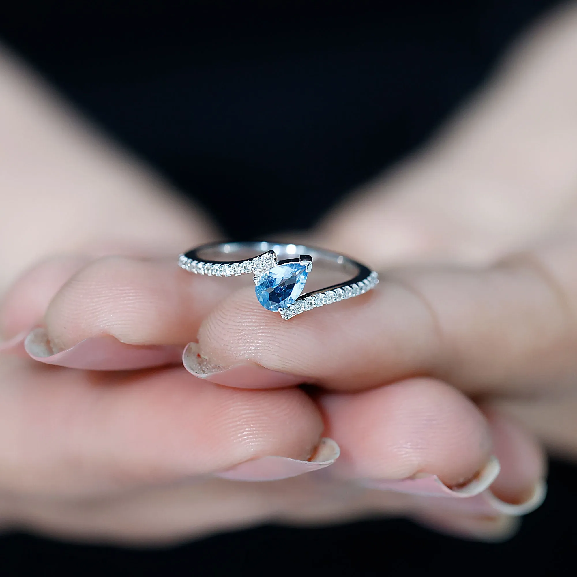 1/4 Carat Pear Aquamarine Bypass Promise Ring with Diamond