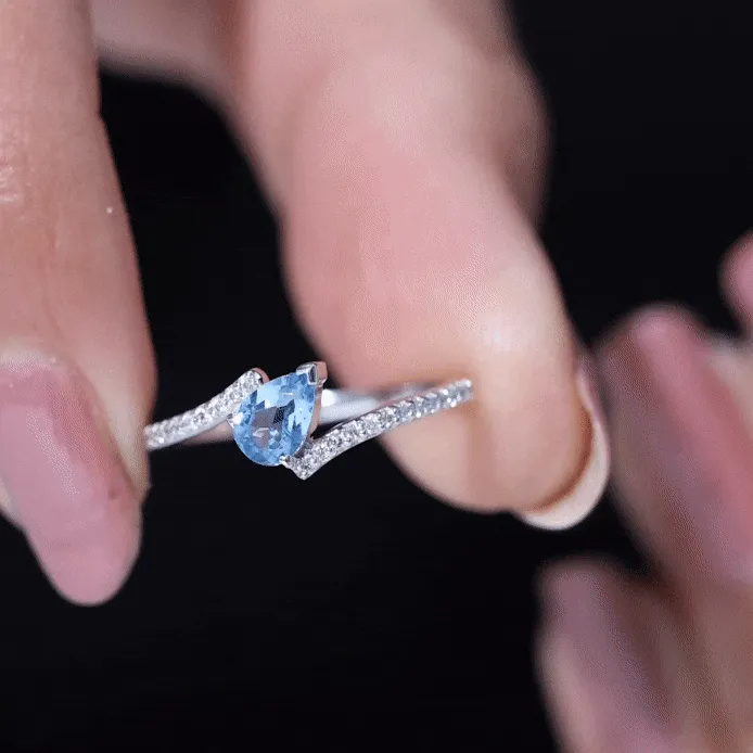 1/4 Carat Pear Aquamarine Bypass Promise Ring with Diamond