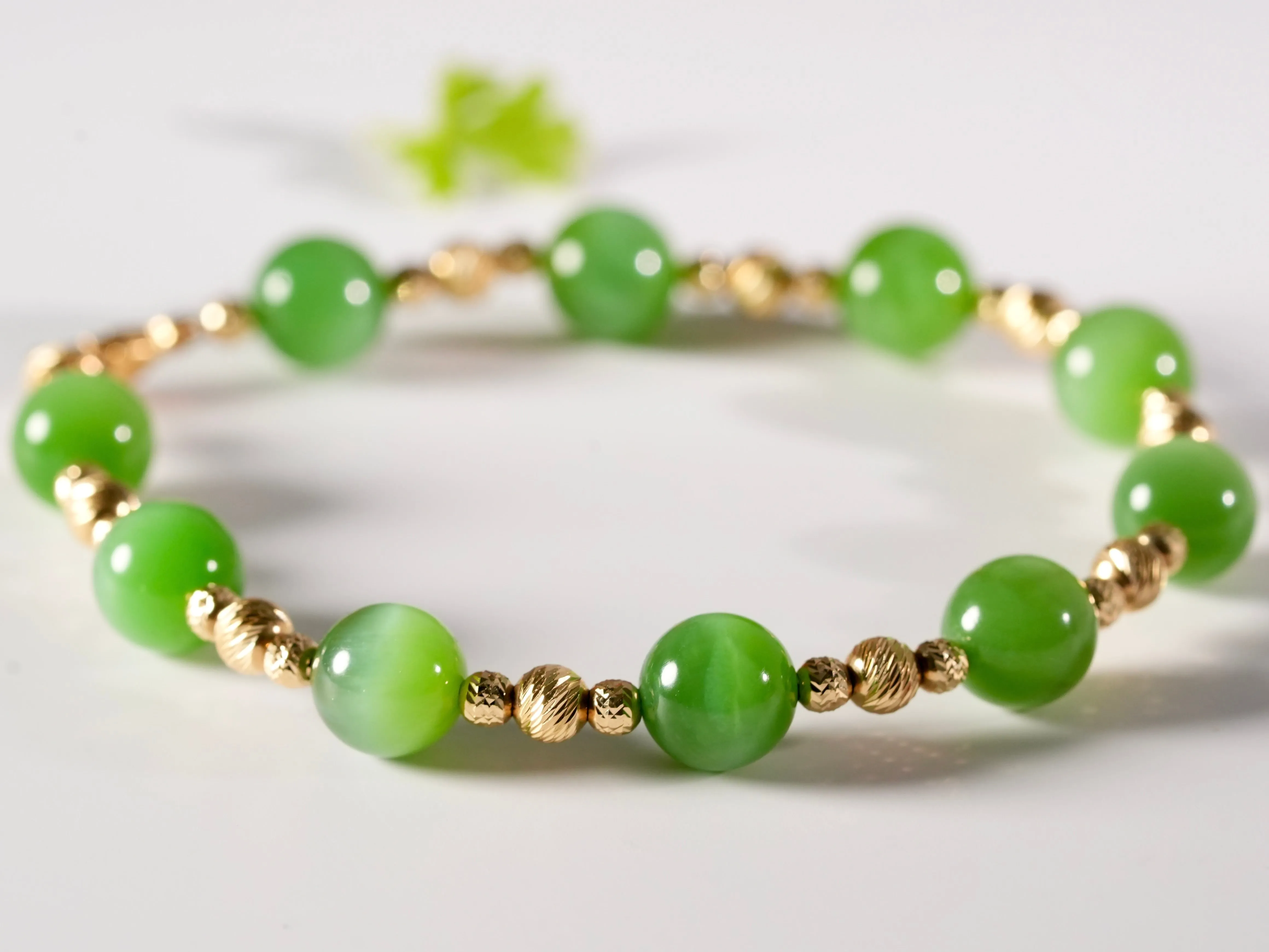 14k 8mm Chatoyant Siberian Jade Starry Bracelet #2591-2