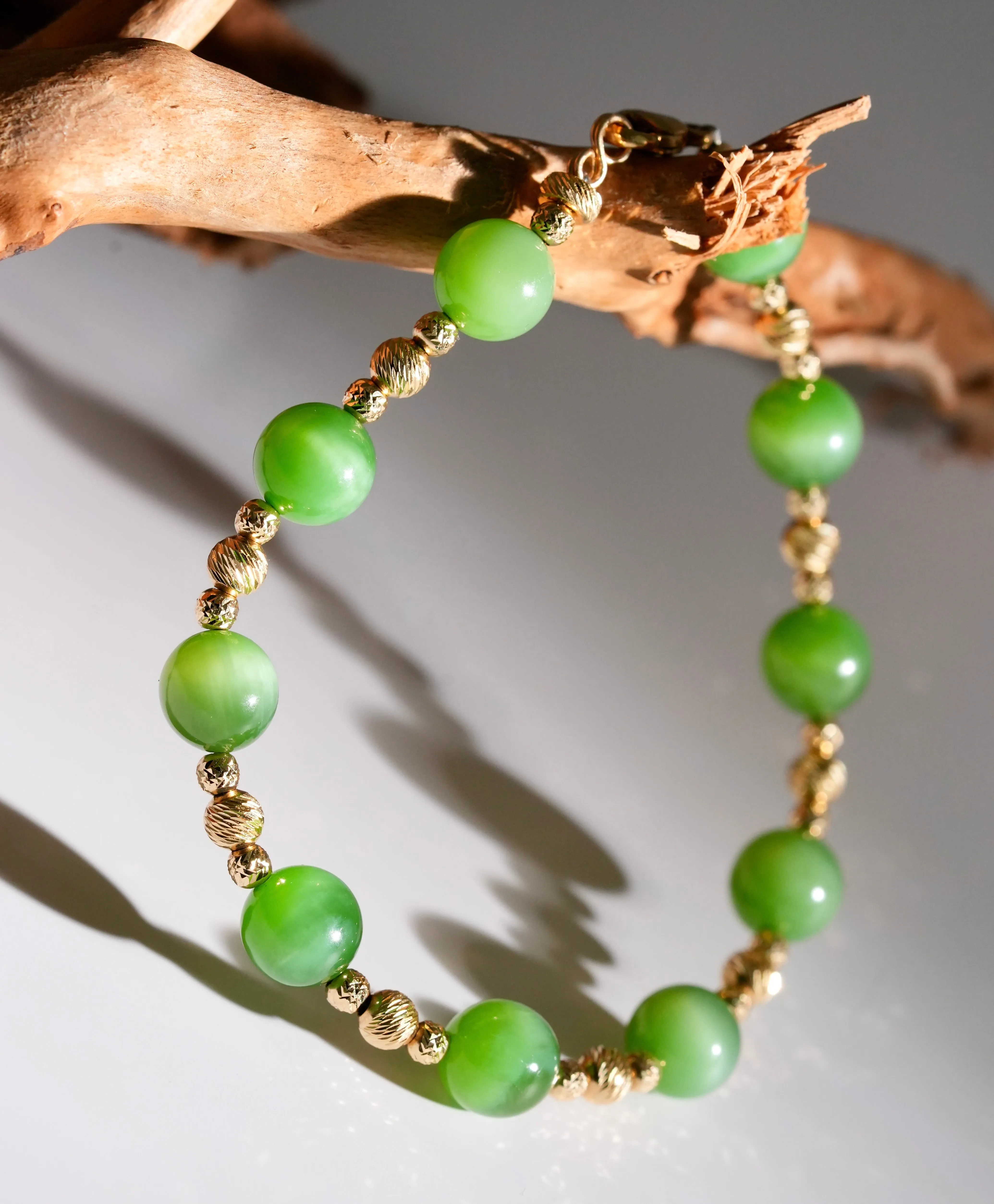 14k 8mm Chatoyant Siberian Jade Starry Bracelet #2591-2