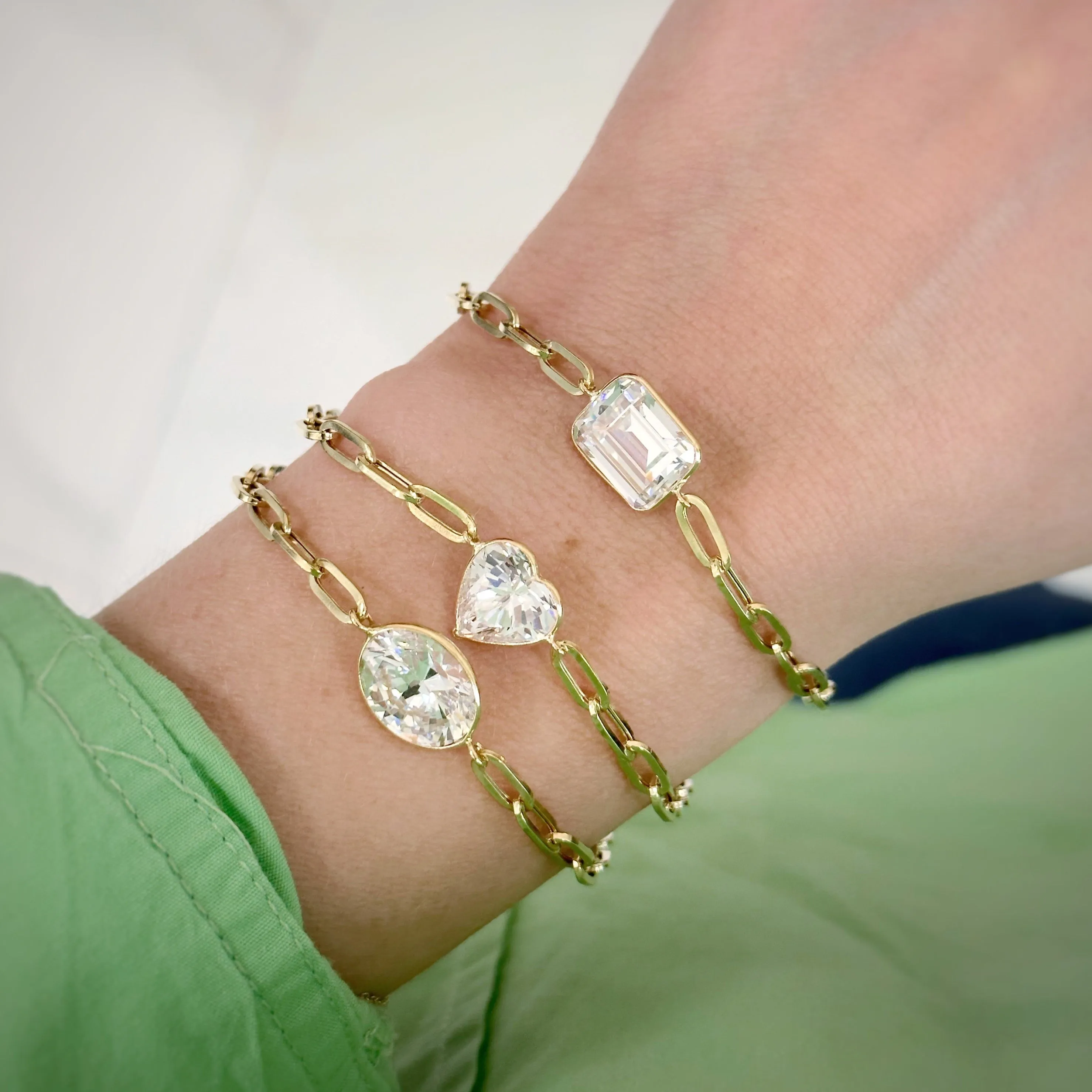 14K Gold and White Topaz Emerald Cut Gemstone Paper Clip Bracelet