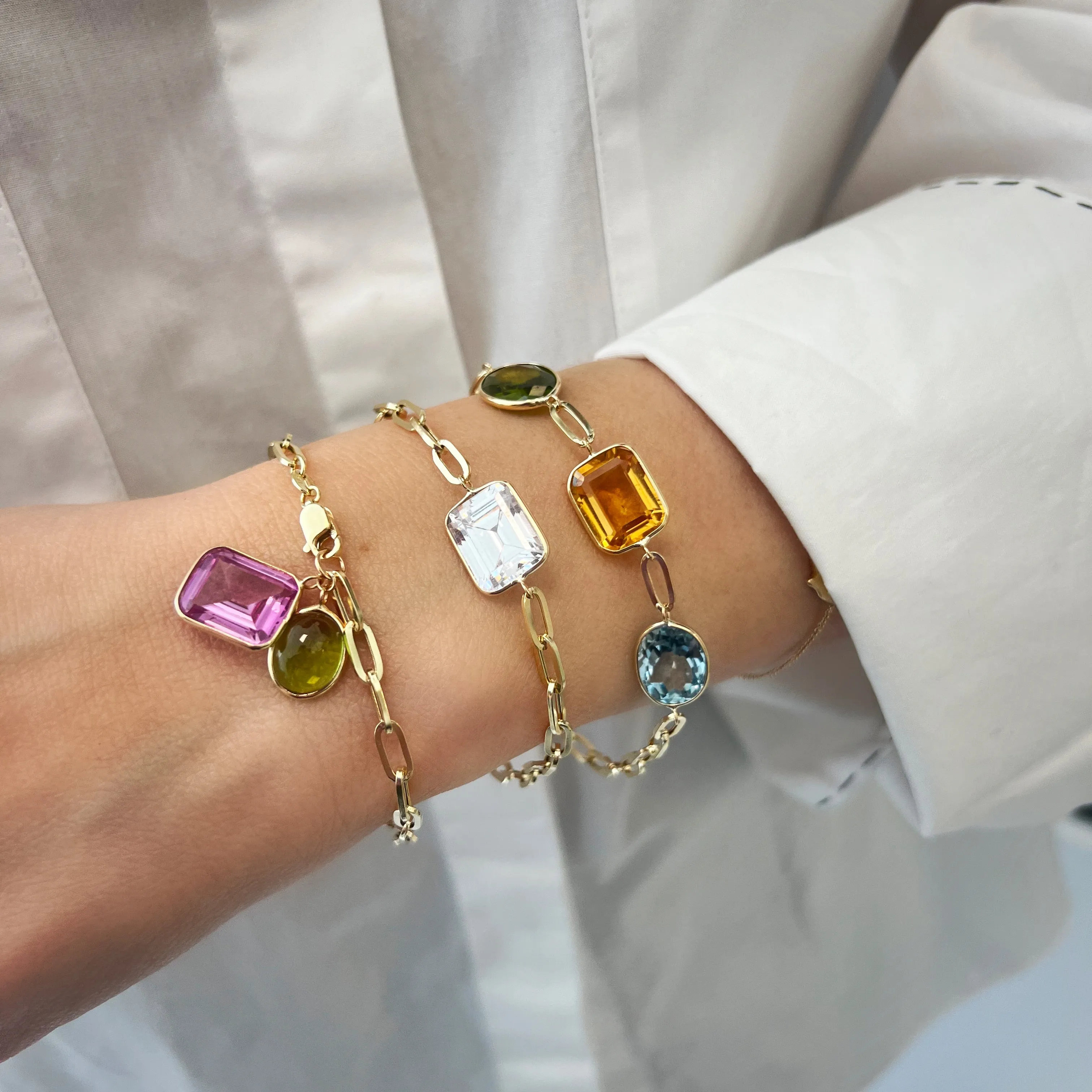 14K Gold and White Topaz Emerald Cut Gemstone Paper Clip Bracelet
