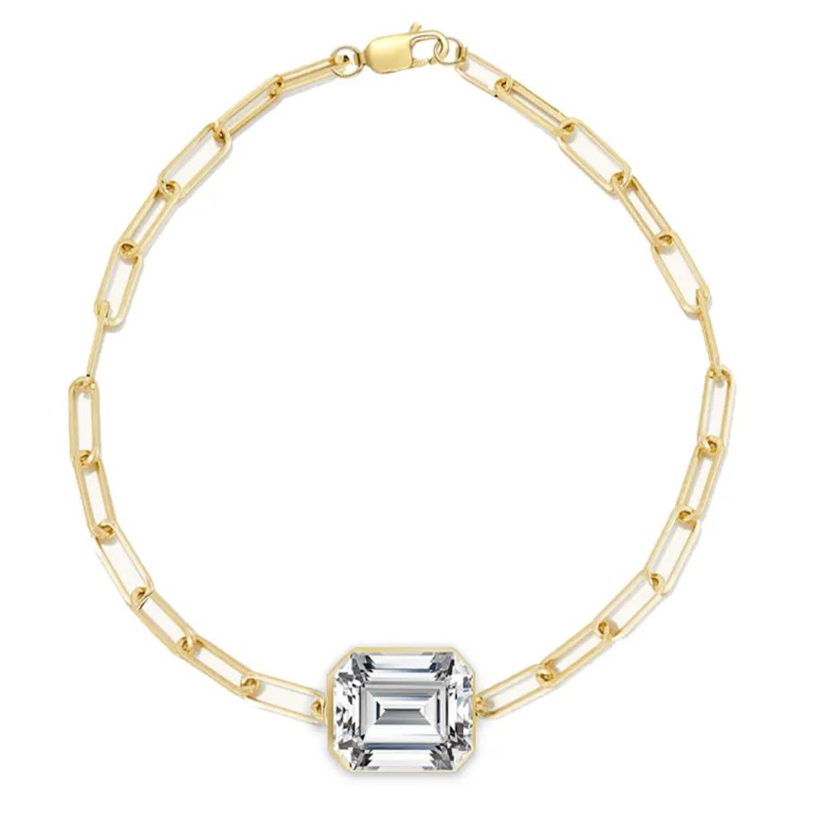 14K Gold and White Topaz Emerald Cut Gemstone Paper Clip Bracelet