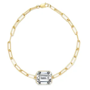 14K Gold and White Topaz Emerald Cut Gemstone Paper Clip Bracelet