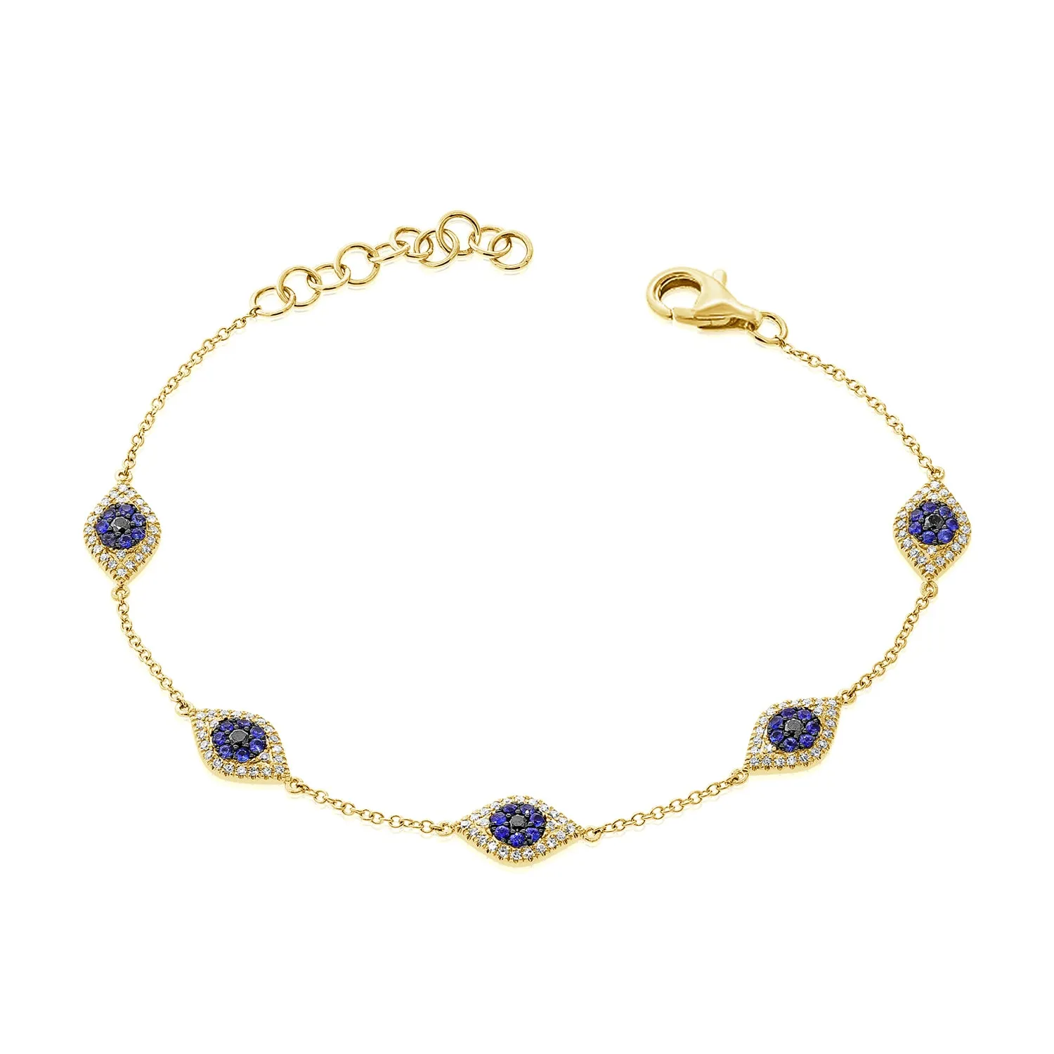 14k Gold Diamond & Sapphire Evil Eye Station Bracelet