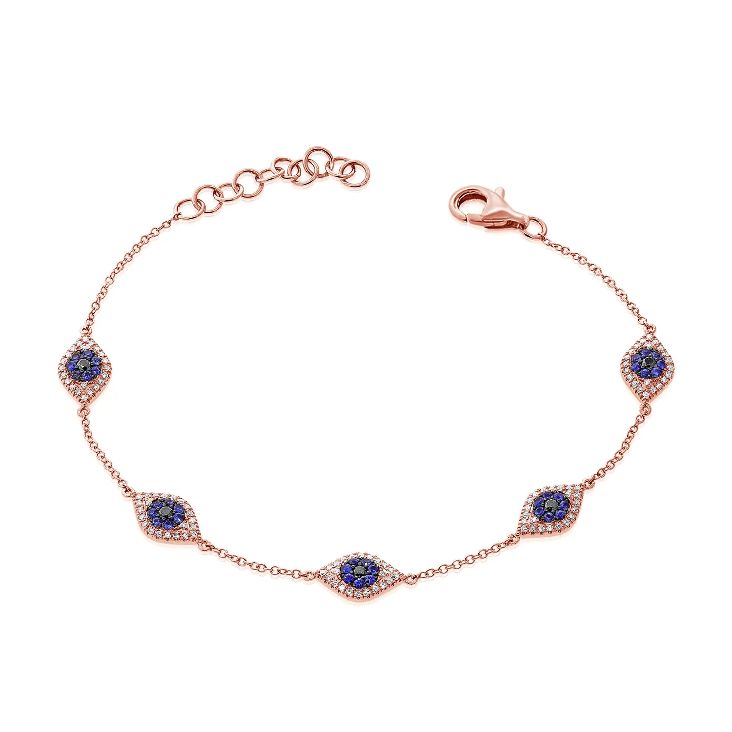 14k Gold Diamond & Sapphire Evil Eye Station Bracelet