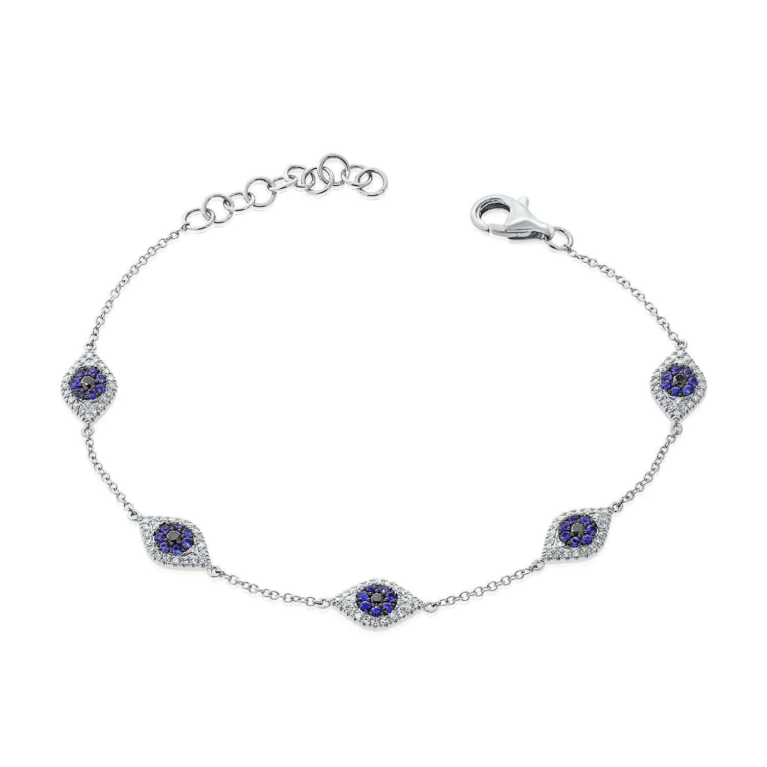 14k Gold Diamond & Sapphire Evil Eye Station Bracelet