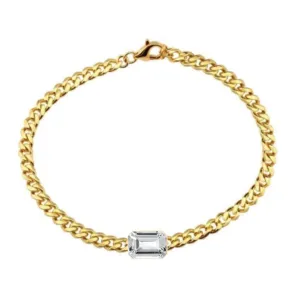 14K Yellow Gold Bezel Emerald Cut White Topaz Cuban Chain Bracelet