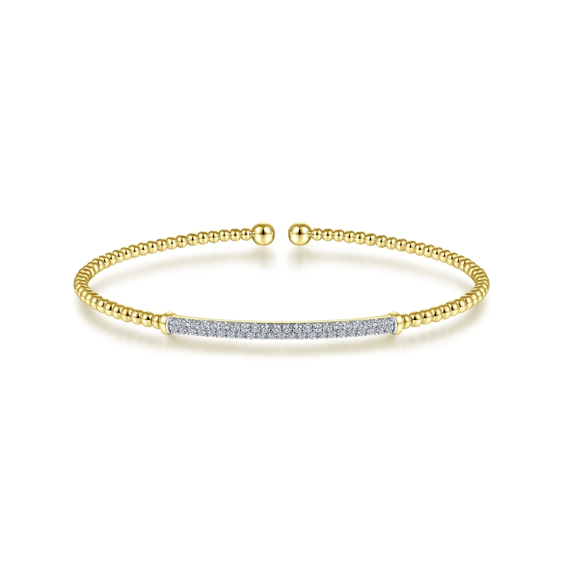 14K Yellow Gold Diamond Pave Top Bead Open Cuff