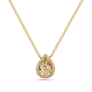 14K Yellow Gold Pear Shape White Quartz And Diamond Necklace