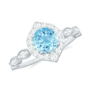 1.50 CT Vintage Aquamarine Engagement Ring with Diamond Accent
