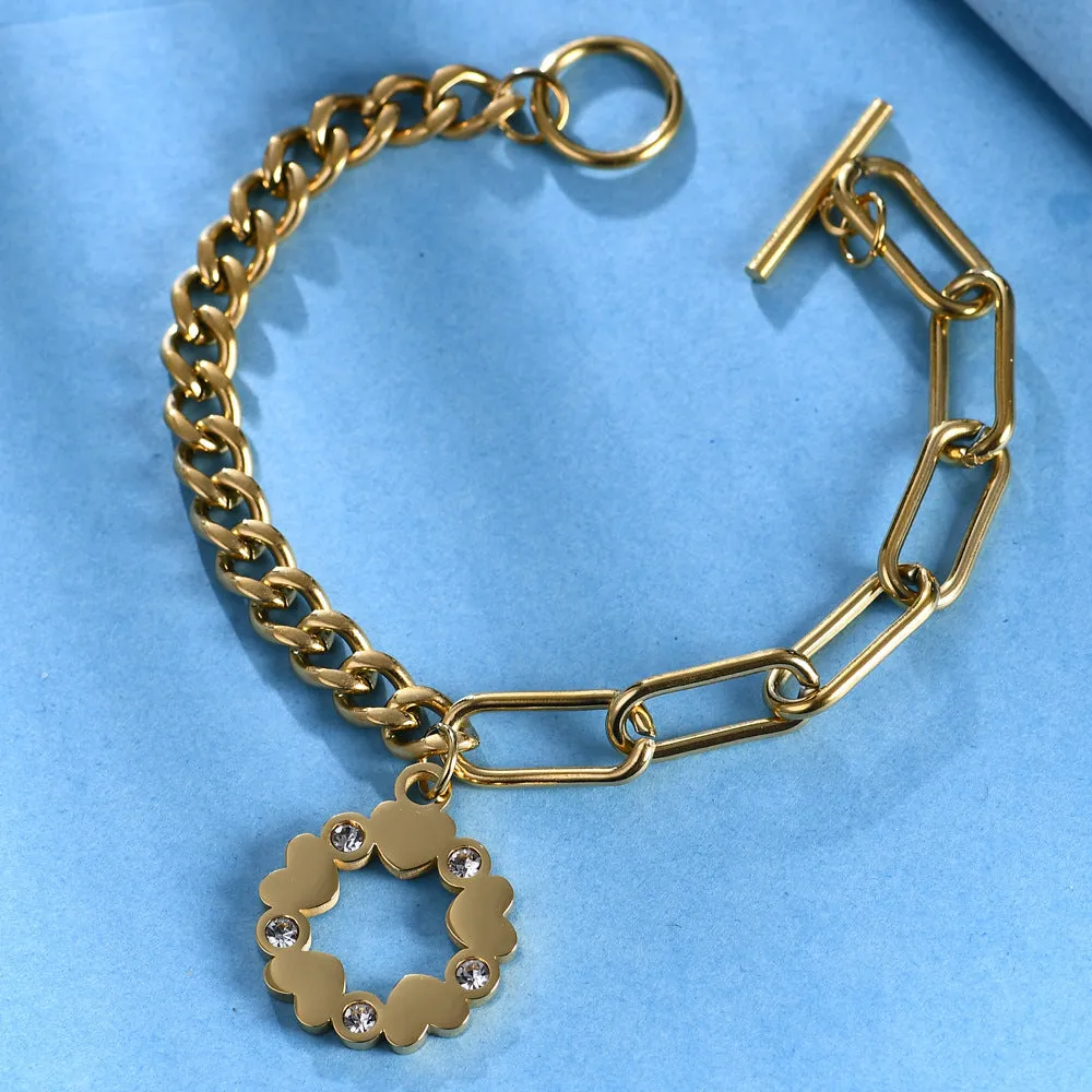 18K Gold OT Titanium Steel Bracelet for Men, Round Star Hollow Inlaid with Diamonds, Stylish and Universal