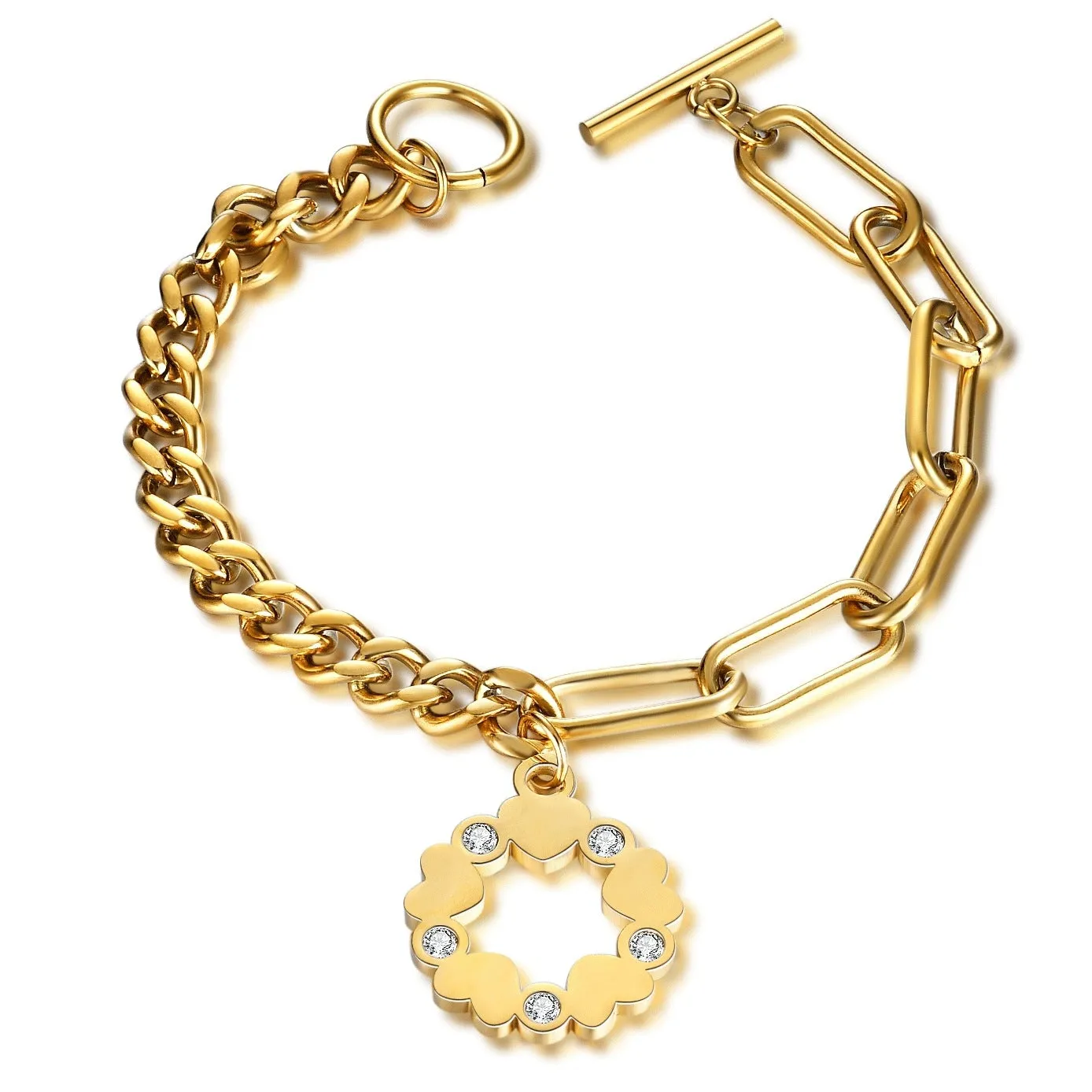 18K Gold OT Titanium Steel Bracelet for Men, Round Star Hollow Inlaid with Diamonds, Stylish and Universal