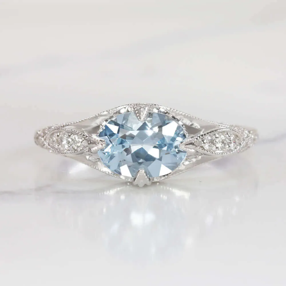 1ct NATURAL AQUAMARINE DIAMOND RING OVAL VINTAGE STYLE WHITE GOLD BLUE EAST WEST