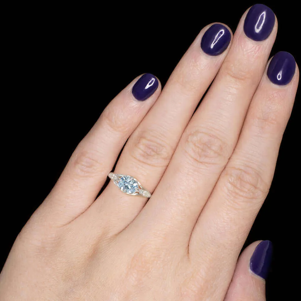 1ct NATURAL AQUAMARINE DIAMOND RING OVAL VINTAGE STYLE WHITE GOLD BLUE EAST WEST