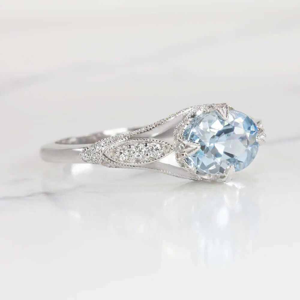 1ct NATURAL AQUAMARINE DIAMOND RING OVAL VINTAGE STYLE WHITE GOLD BLUE EAST WEST