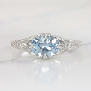 1ct NATURAL AQUAMARINE DIAMOND RING OVAL VINTAGE STYLE WHITE GOLD BLUE EAST WEST