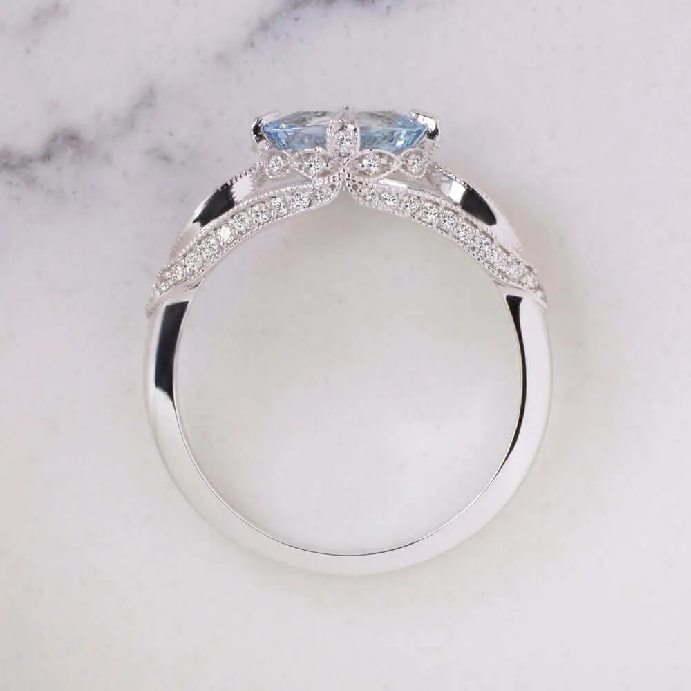 1ct NATURAL AQUAMARINE DIAMOND RING OVAL VINTAGE STYLE WHITE GOLD BLUE EAST WEST