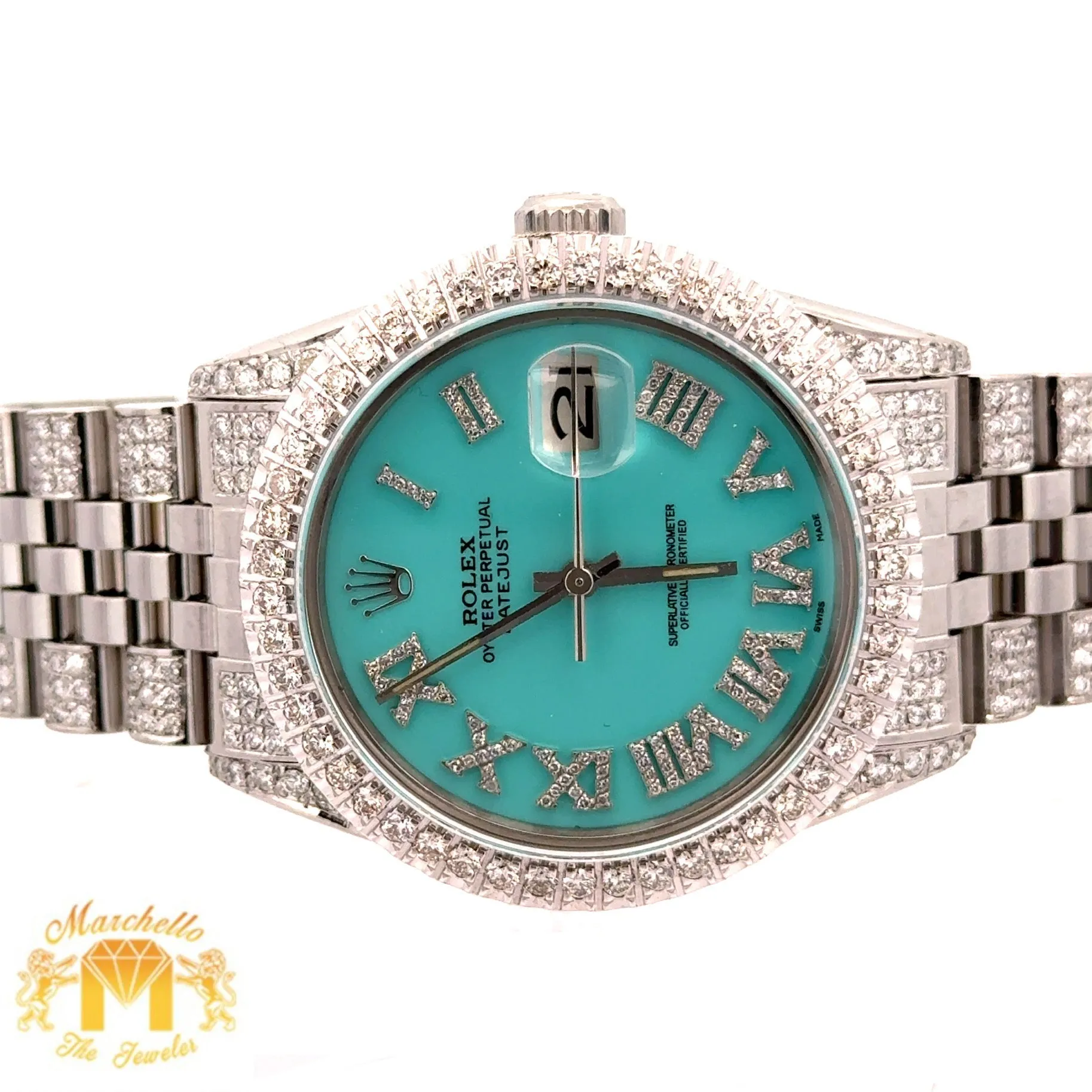 4 piece deal: 36mm Rolex Diamond Watch with Stainless Steel Jubilee Band   White Gold & Diamond Twin Square Bangle   Gold & Diamond Flower Earrings   Gift (choose your color)