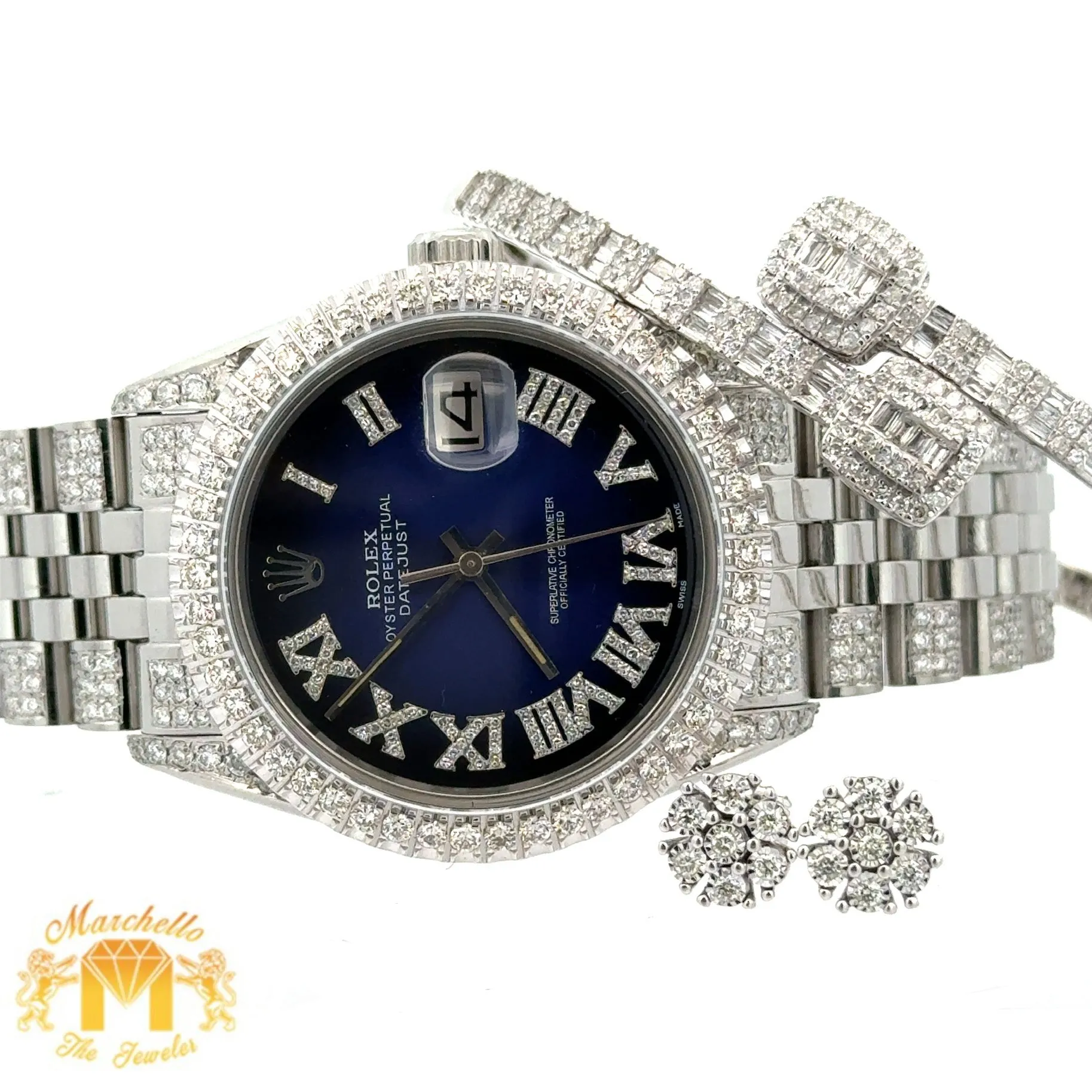 4 piece deal: 36mm Rolex Diamond Watch with Stainless Steel Jubilee Band   White Gold & Diamond Twin Square Bangle   Gold & Diamond Flower Earrings   Gift (choose your color)