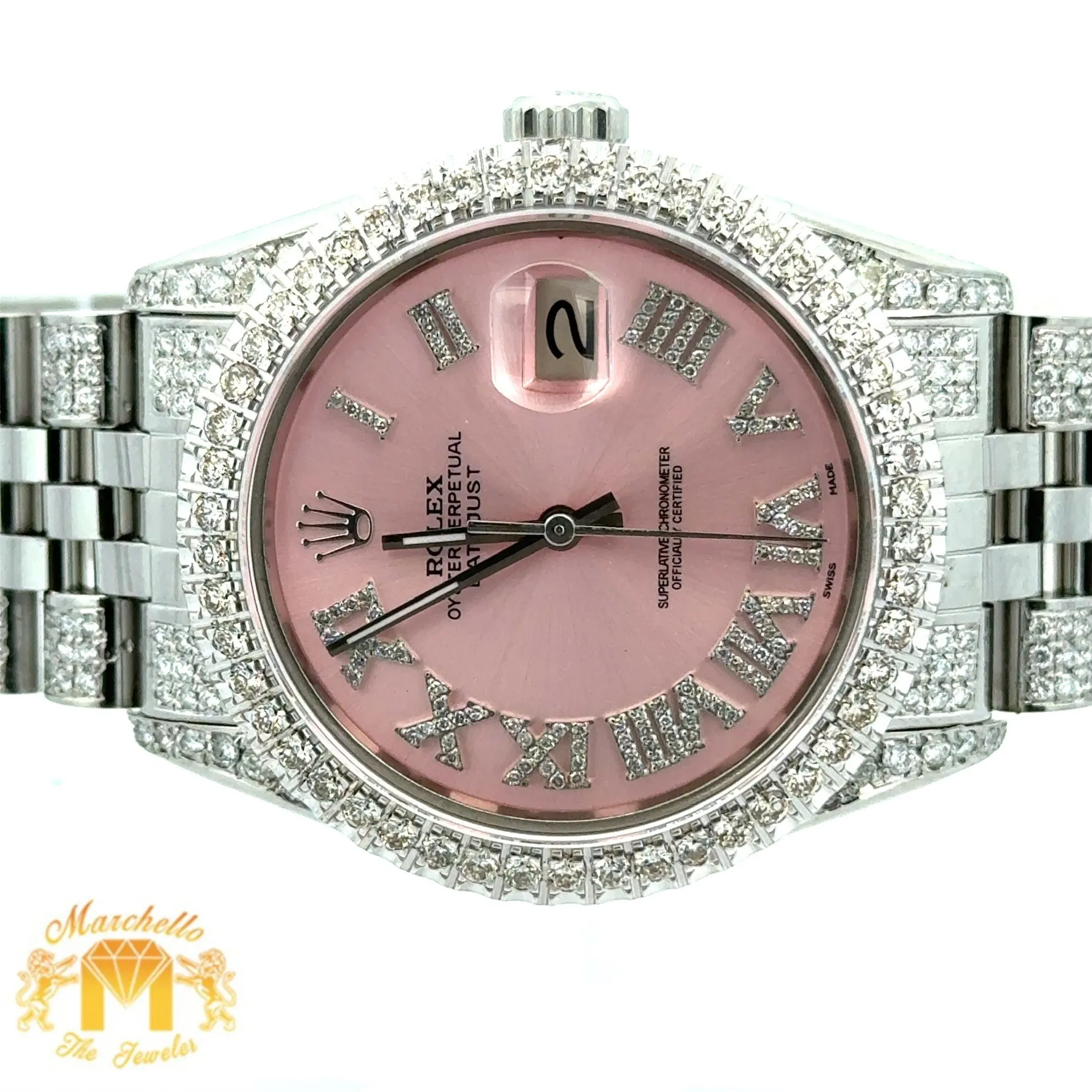 4 piece deal: 36mm Rolex Diamond Watch with Stainless Steel Jubilee Band   White Gold & Diamond Twin Square Bangle   Gold & Diamond Flower Earrings   Gift (choose your color)