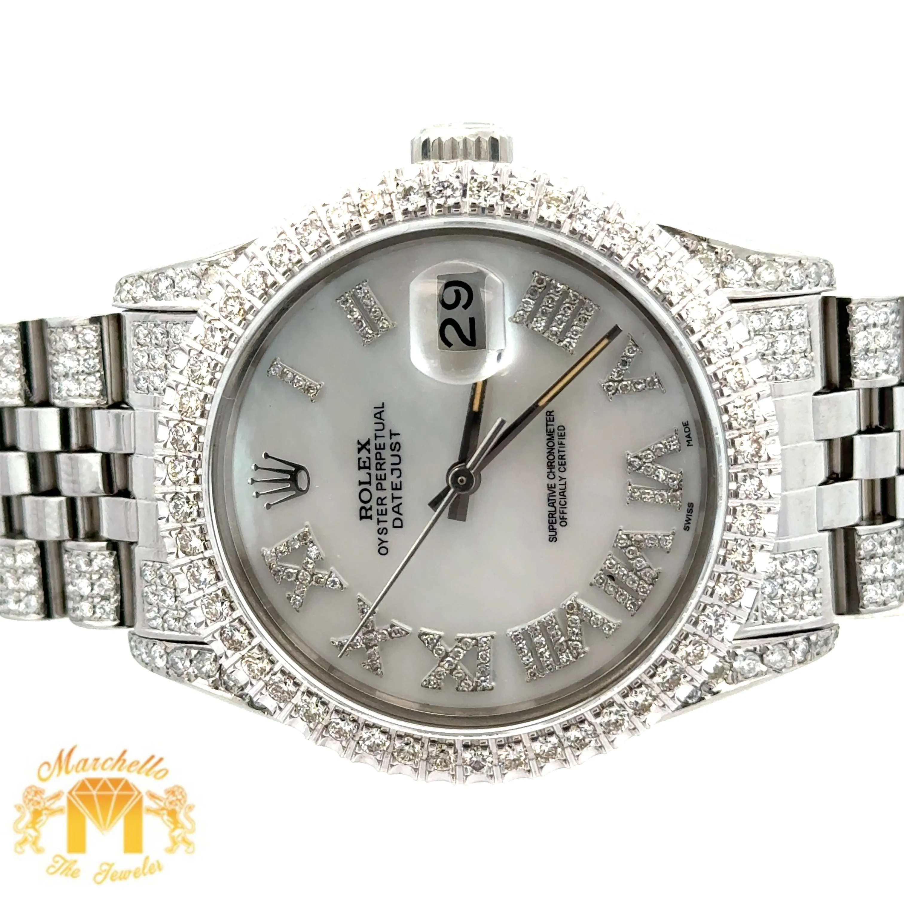 4 piece deal: 36mm Rolex Diamond Watch with Stainless Steel Jubilee Band   White Gold & Diamond Twin Square Bangle   Gold & Diamond Flower Earrings   Gift (choose your color)