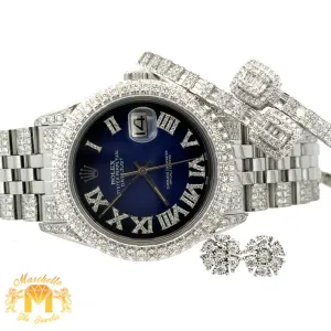 4 piece deal: 36mm Rolex Diamond Watch with Stainless Steel Jubilee Band   White Gold & Diamond Twin Square Bangle   Gold & Diamond Flower Earrings   Gift (choose your color)