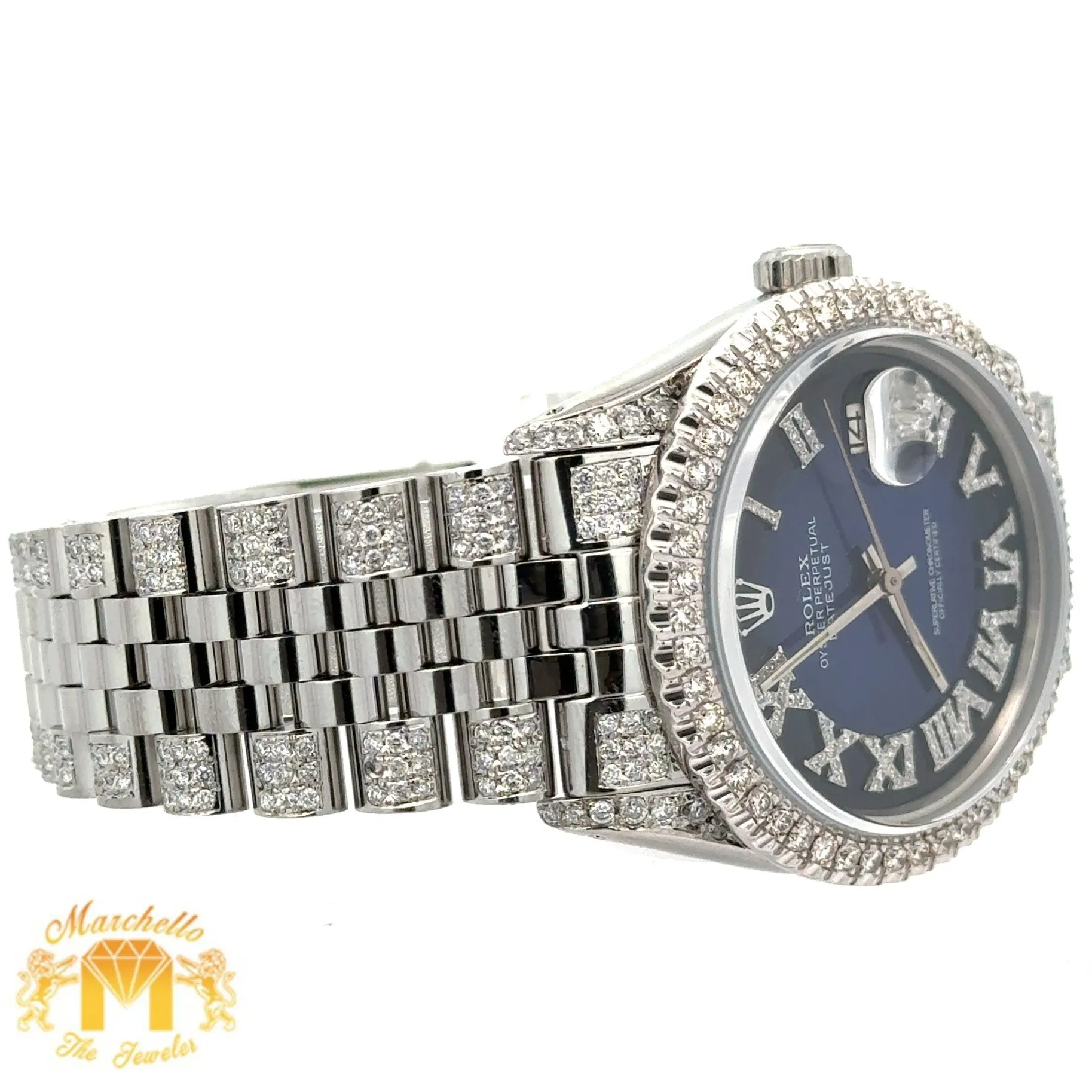 4 piece deal: 36mm Rolex Diamond Watch with Stainless Steel Jubilee Band   White Gold & Diamond Twin Square Bangle   Gold & Diamond Flower Earrings   Gift (choose your color)
