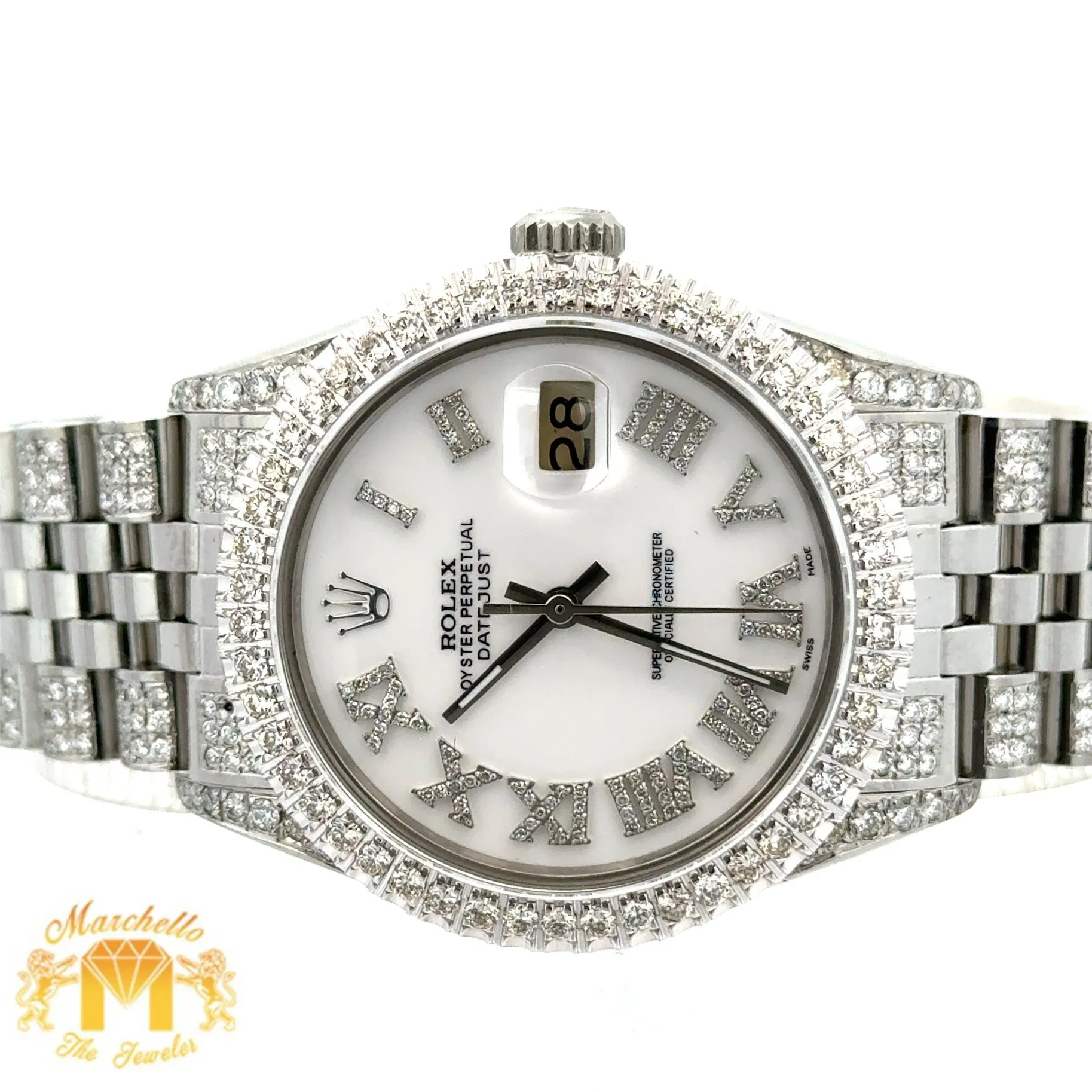 4 piece deal: 36mm Rolex Diamond Watch with Stainless Steel Jubilee Band   White Gold & Diamond Twin Square Bangle   Gold & Diamond Flower Earrings   Gift (choose your color)