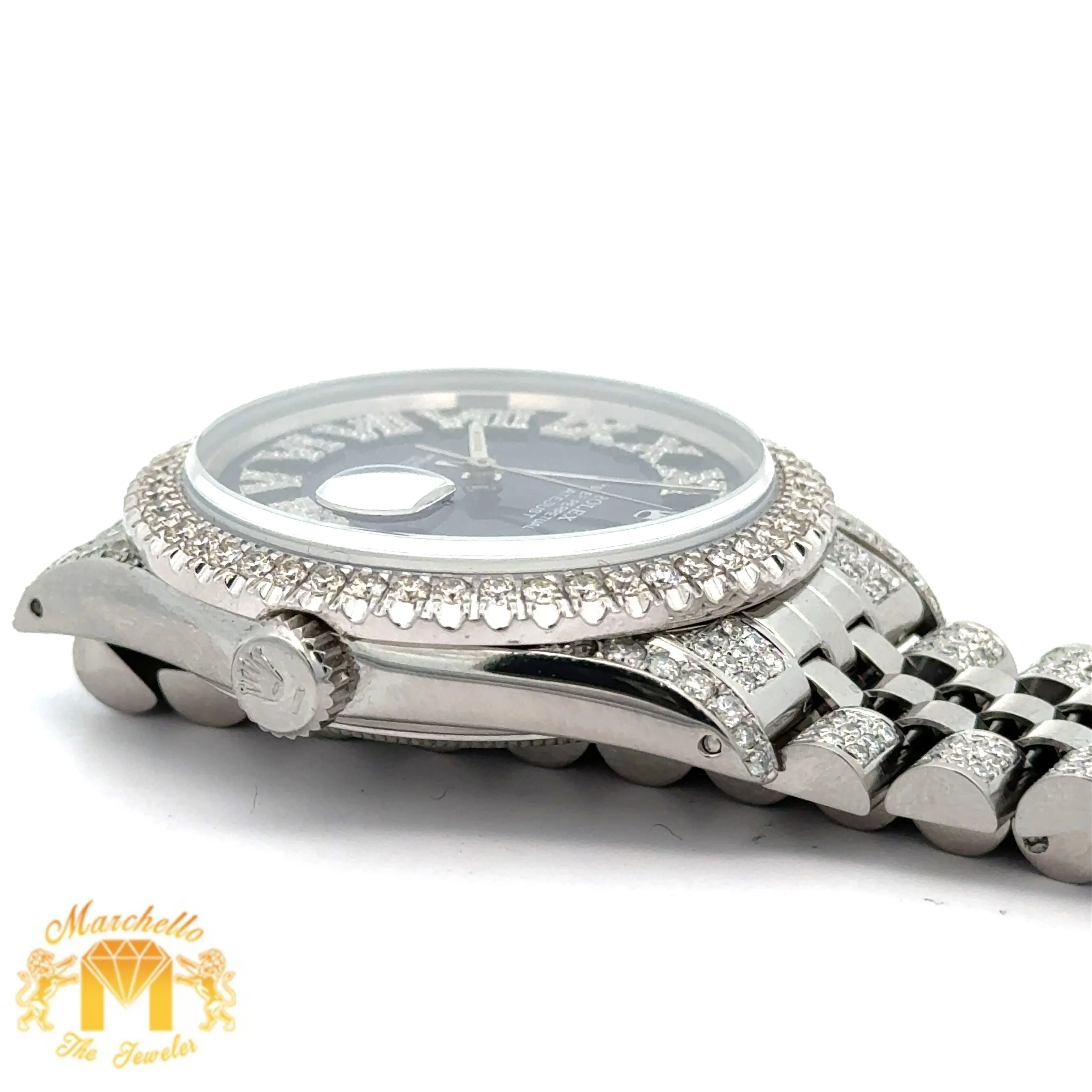 4 piece deal: 36mm Rolex Diamond Watch with Stainless Steel Jubilee Band   White Gold & Diamond Twin Square Bangle   Gold & Diamond Flower Earrings   Gift (choose your color)