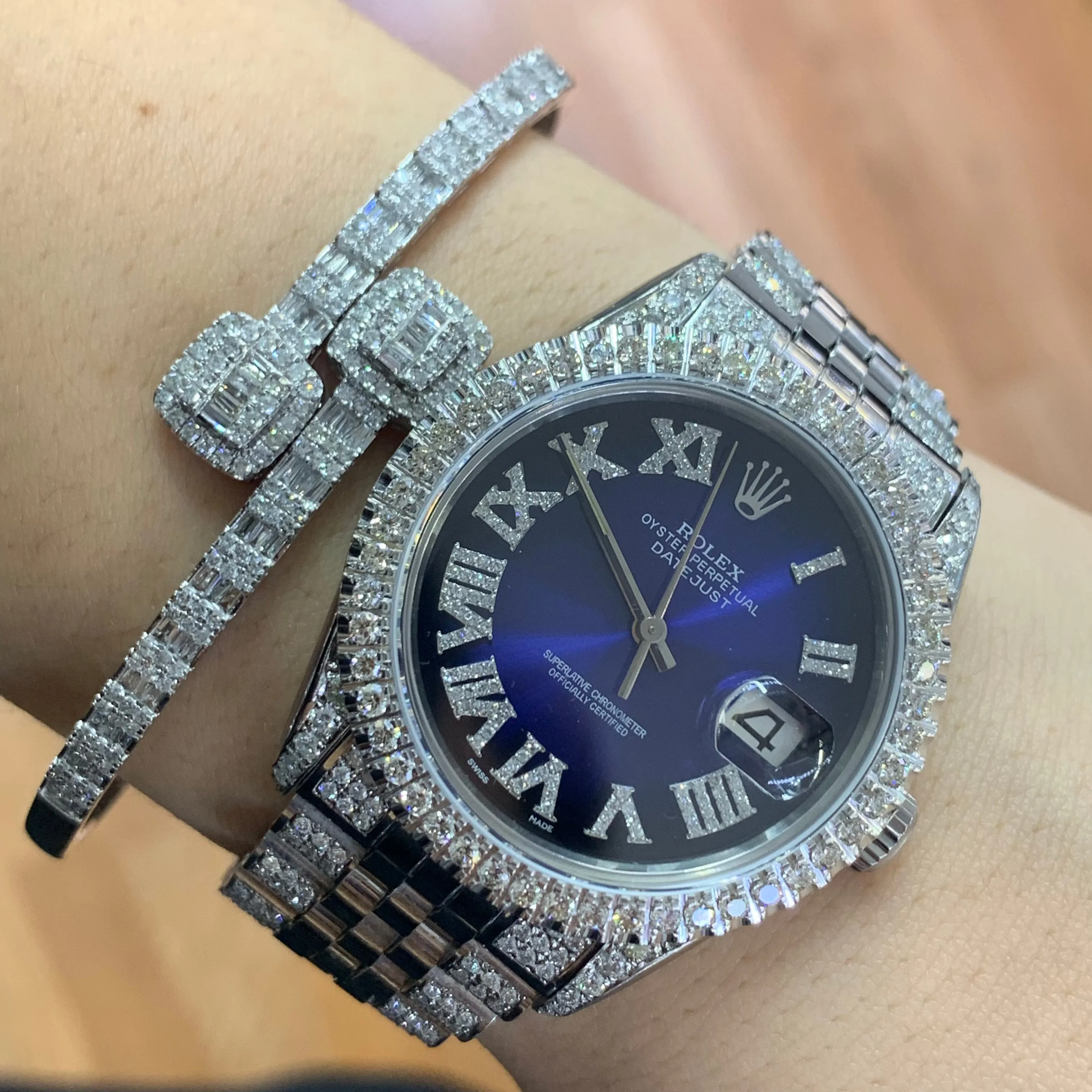 4 piece deal: 36mm Rolex Diamond Watch with Stainless Steel Jubilee Band   White Gold & Diamond Twin Square Bangle   Gold & Diamond Flower Earrings   Gift (choose your color)