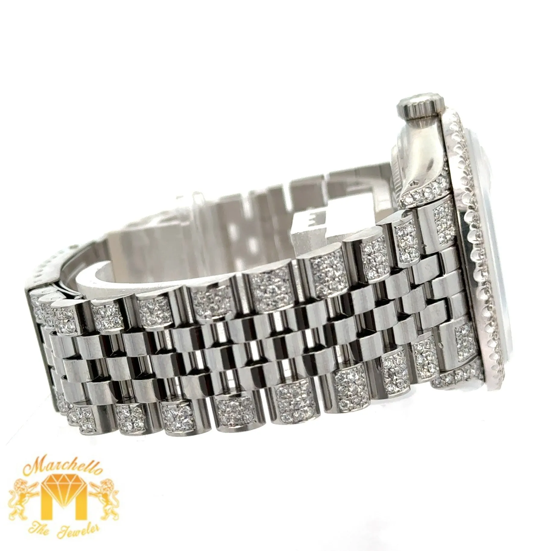 4 piece deal: 36mm Rolex Diamond Watch with Stainless Steel Jubilee Band   White Gold & Diamond Twin Square Bangle   Gold & Diamond Flower Earrings   Gift (choose your color)