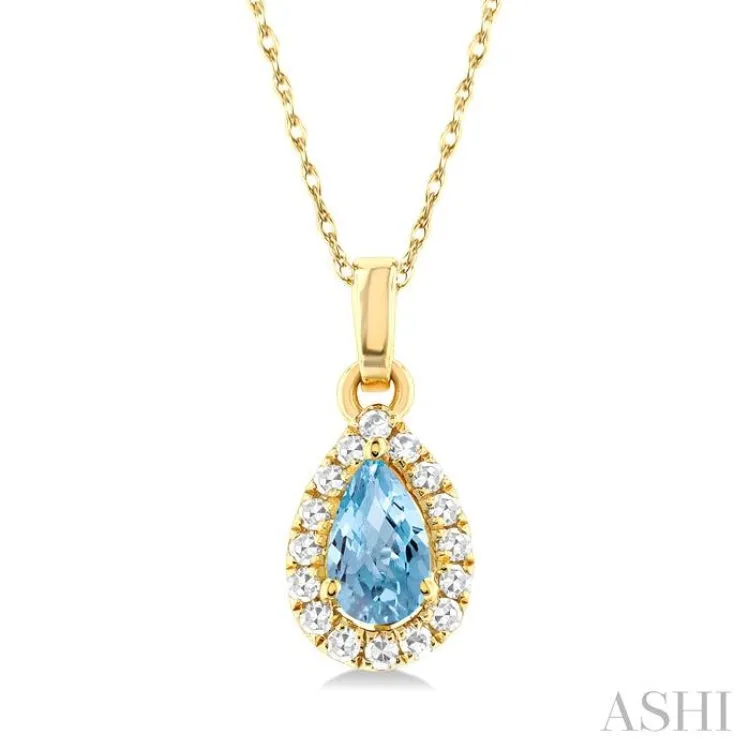 5x3 MM Pear Shape Aquamarine and 1/20 ctw Single Cut Diamond Halo Semi Precious Pendant with Chain in 14K Yellow Gold