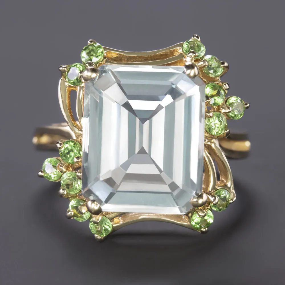 6ct VINTAGE AQUAMARINE TSAVORITE COCKTAIL RING RETRO 14k YELLOW GOLD EMERALD CUT