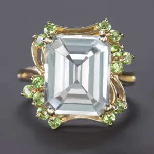 6ct VINTAGE AQUAMARINE TSAVORITE COCKTAIL RING RETRO 14k YELLOW GOLD EMERALD CUT