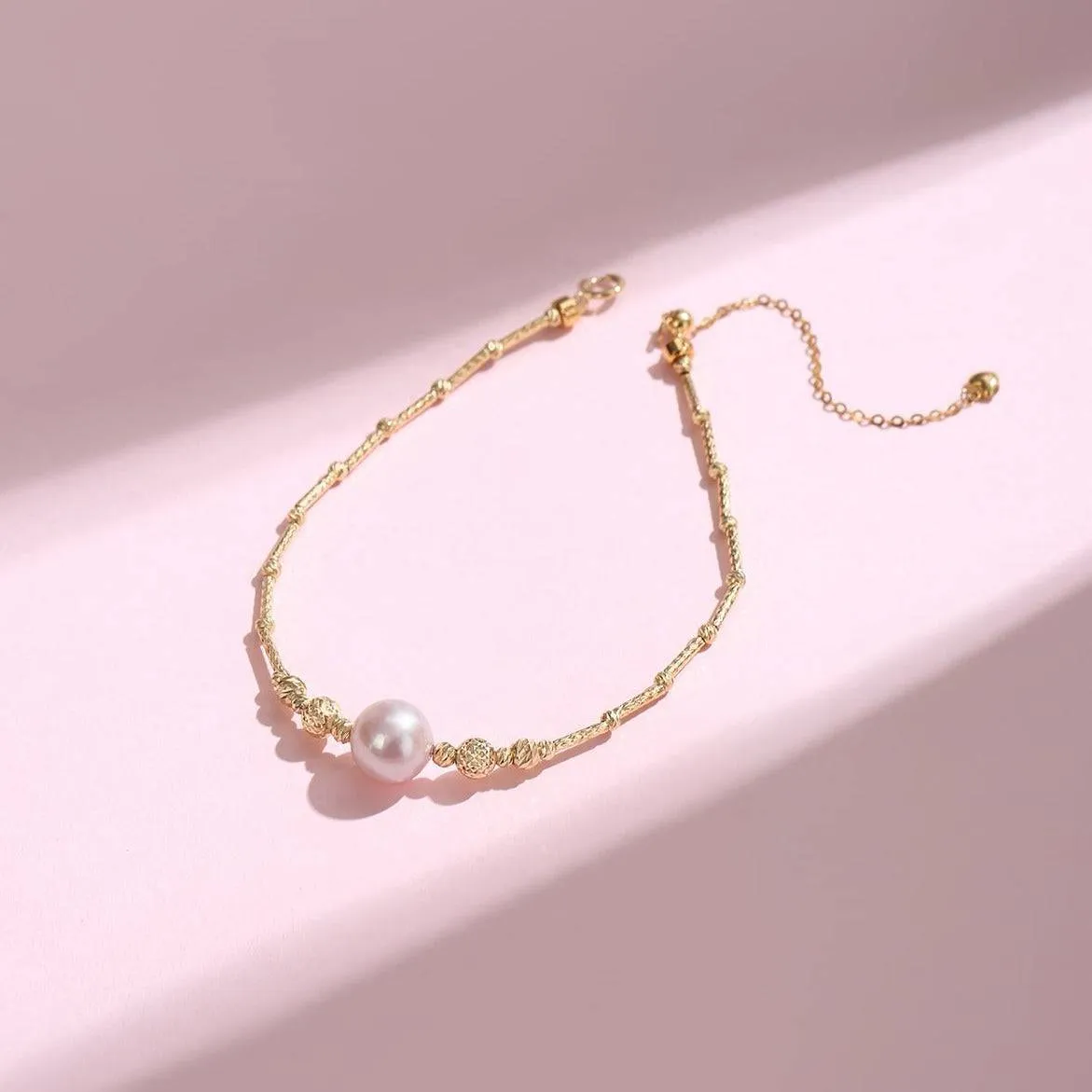 7-8mm Freshwater Pearl Tube Beaded Bracelet 18K Gold