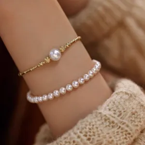 7-8mm Freshwater Pearl Tube Beaded Bracelet 18K Gold