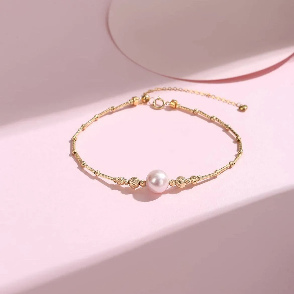 7-8mm Freshwater Pearl Tube Beaded Bracelet 18K Gold