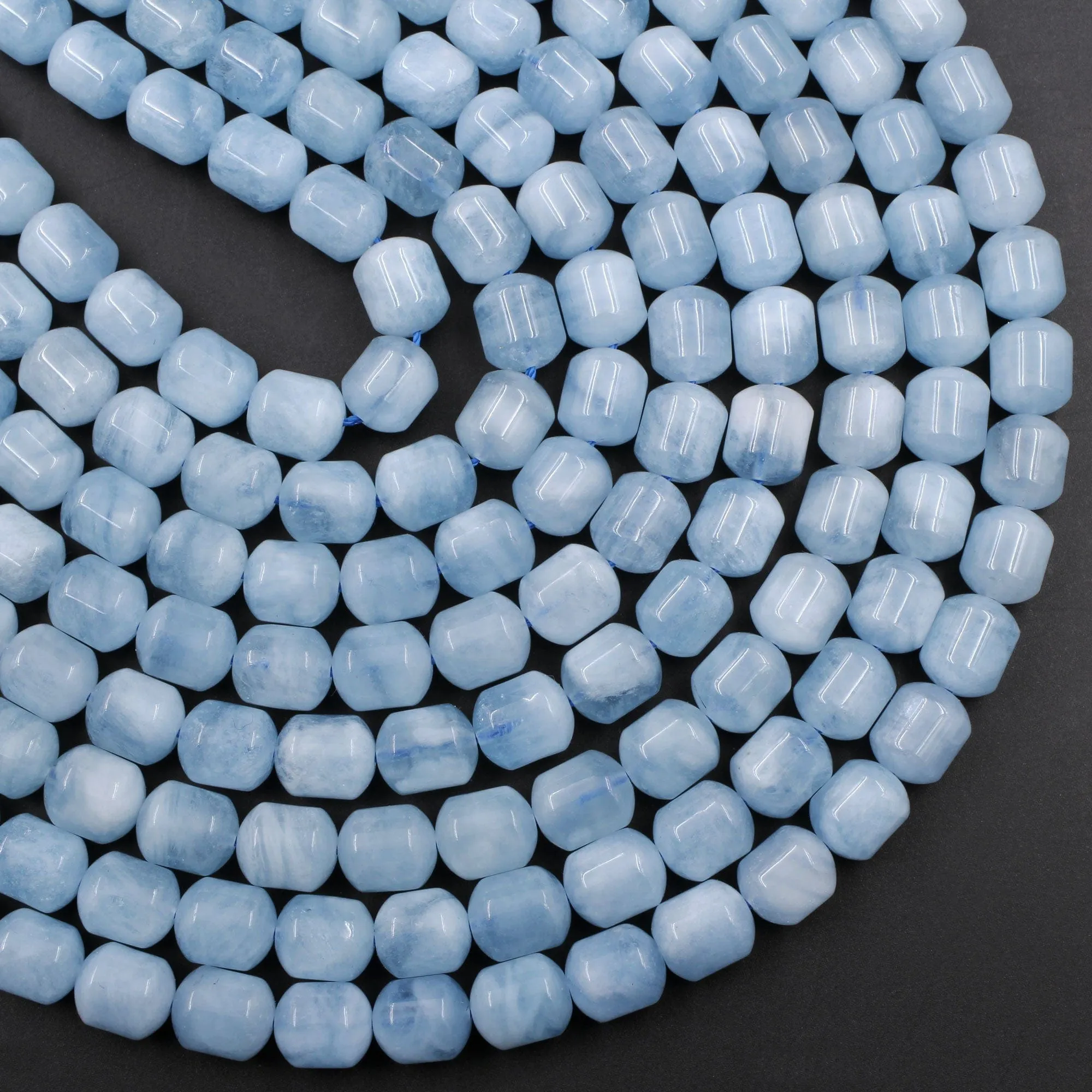 AA Natural Aquamarine Rounded Barrel Drum Tube Bullet Beads Real Genuine Blue Aquamarine Polished Gemstone 16" Strand