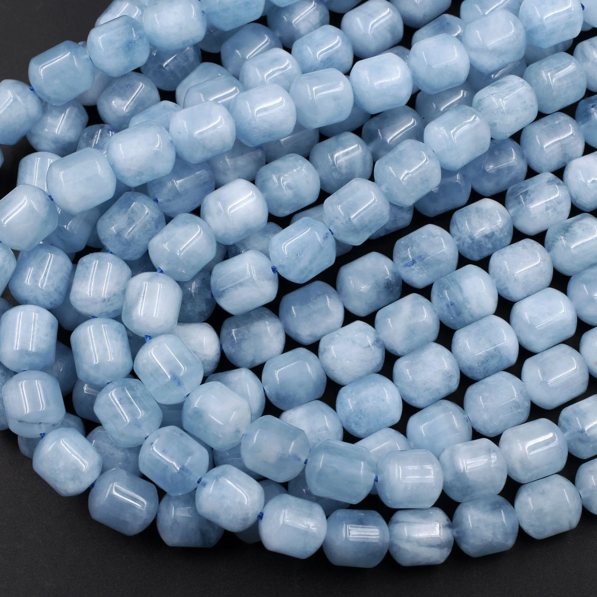 AA Natural Aquamarine Rounded Barrel Drum Tube Bullet Beads Real Genuine Blue Aquamarine Polished Gemstone 16" Strand