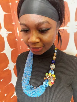 African Trade Beads Statement Blue Necklace